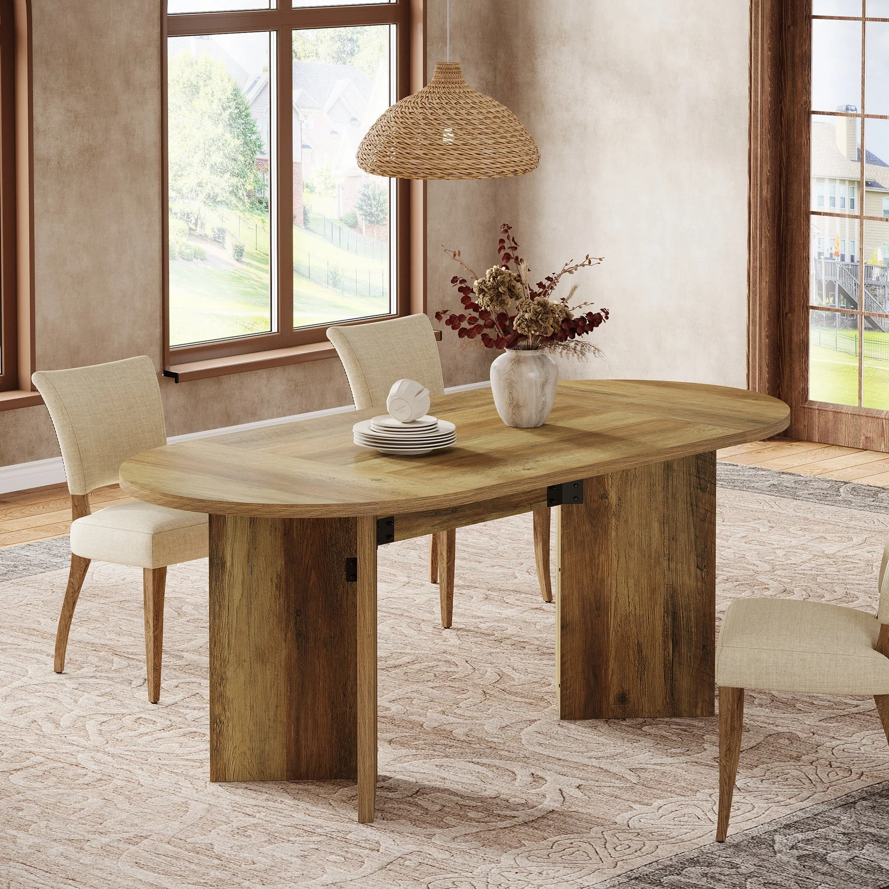 63" Dining Table, Oval Farmhouse Kitchen Table with Strip Base
