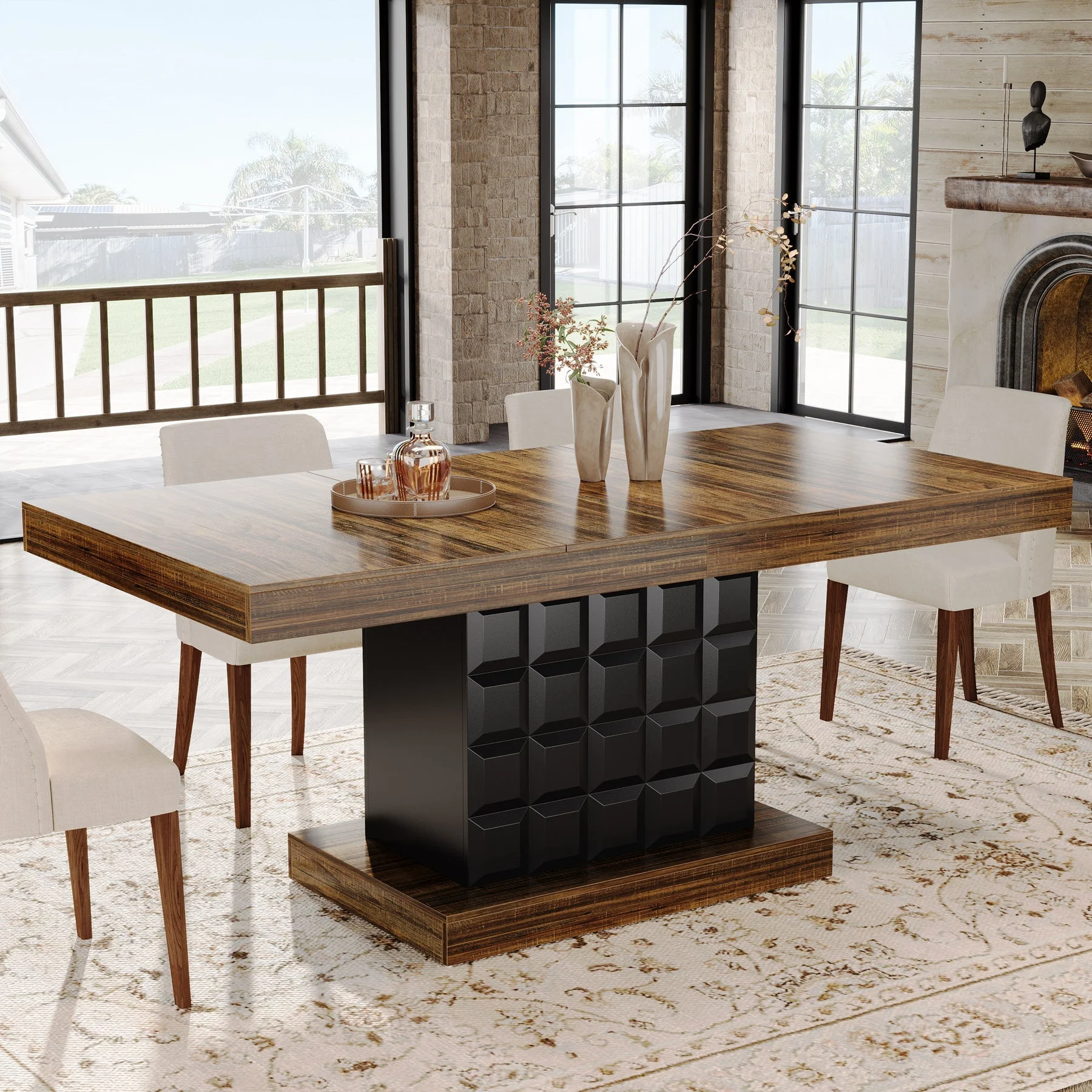 63" Dining Table, Rectangular Kitchen Table with Geometric Relief for 4-6