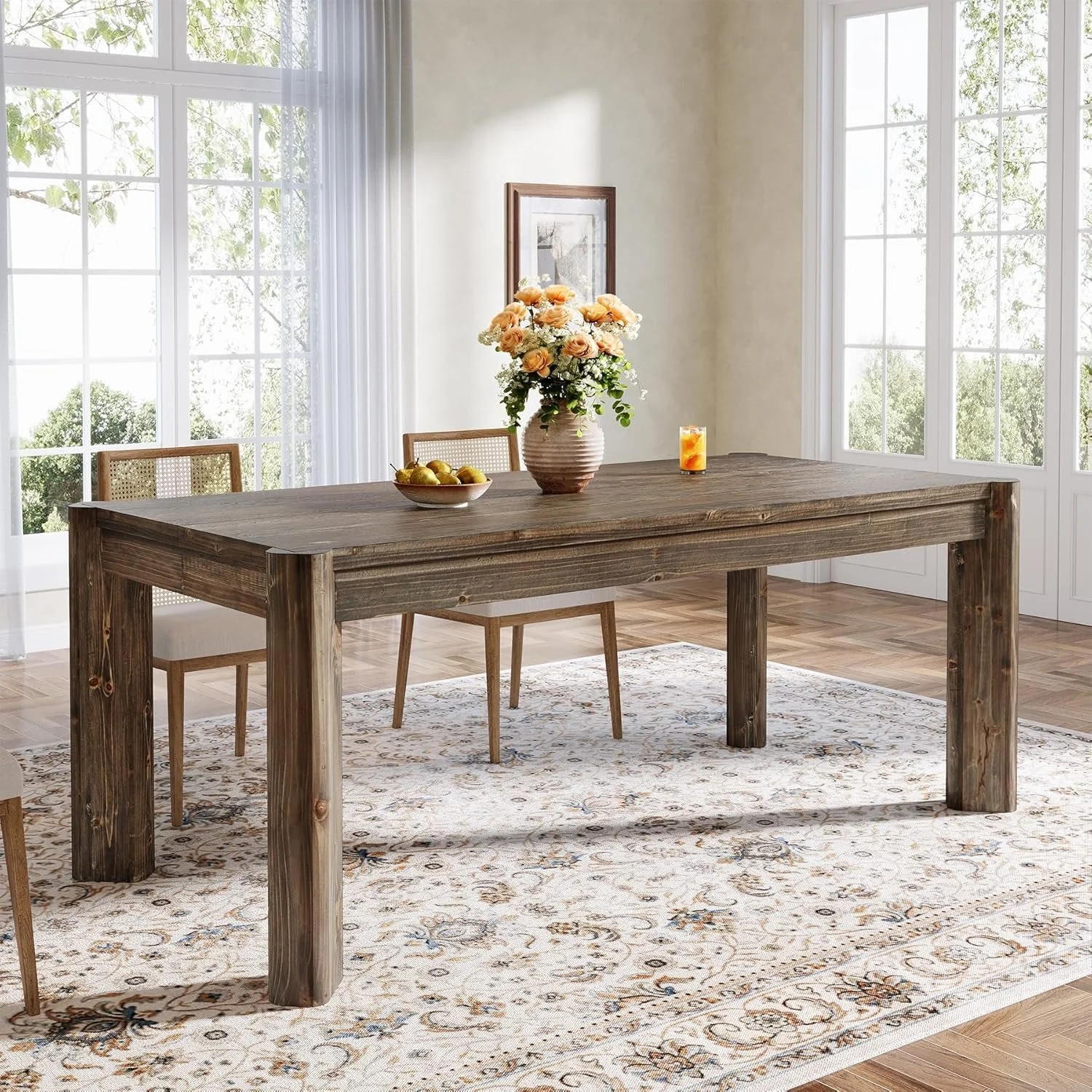 63" Dining Table, Solid Wood Kitchen Table with Heavy Duty Legs for 6 People