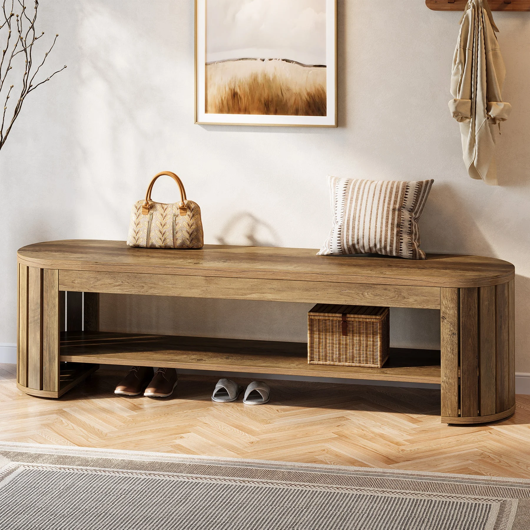 63" Entryway Bench, 2-Tier Narrow Shoe Bench with Shoe Storage