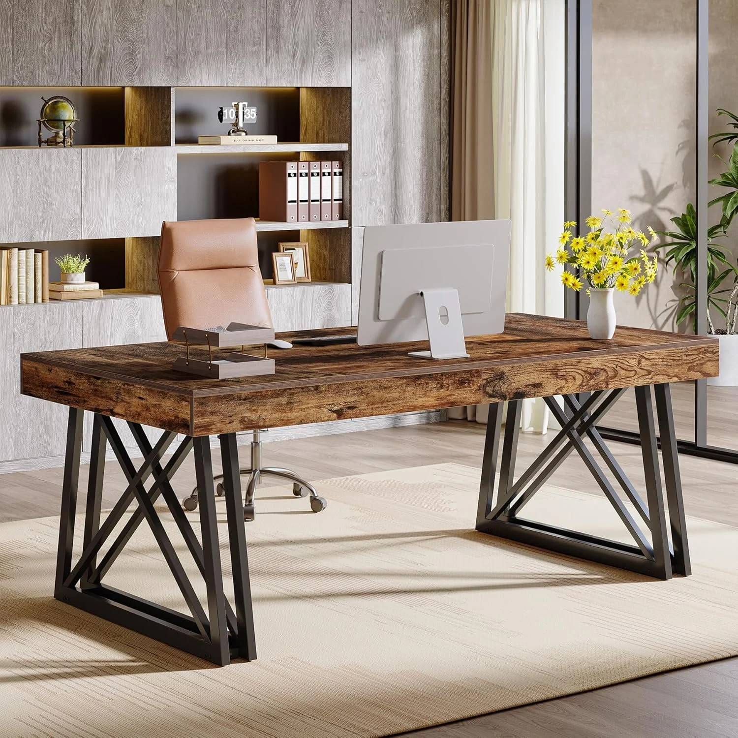 63" Executive Desk, Farmhouse Office Computer Desk with X-Shaped Legs
