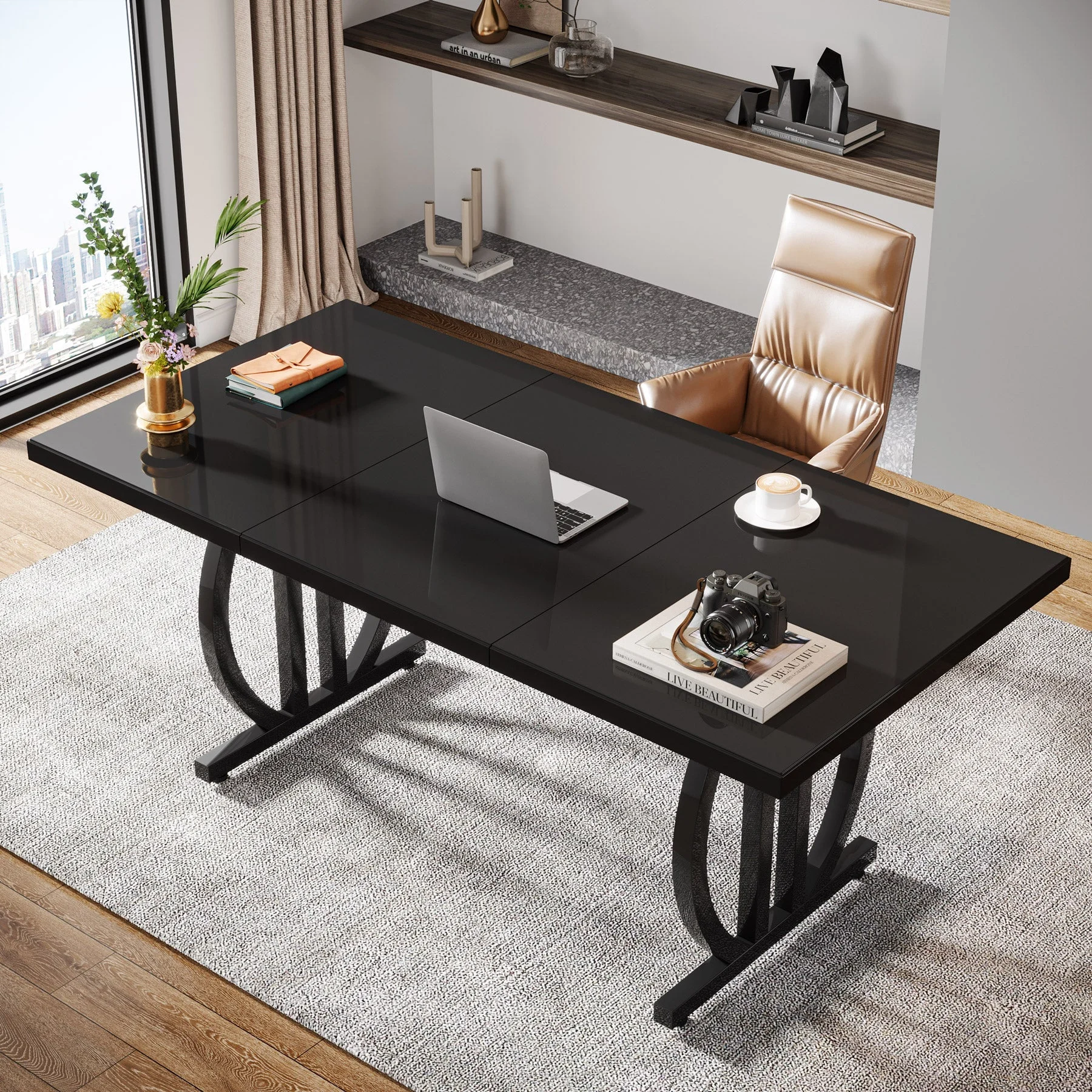 63" Executive Desk, Modern Computer Desk with Metal Geometric Base