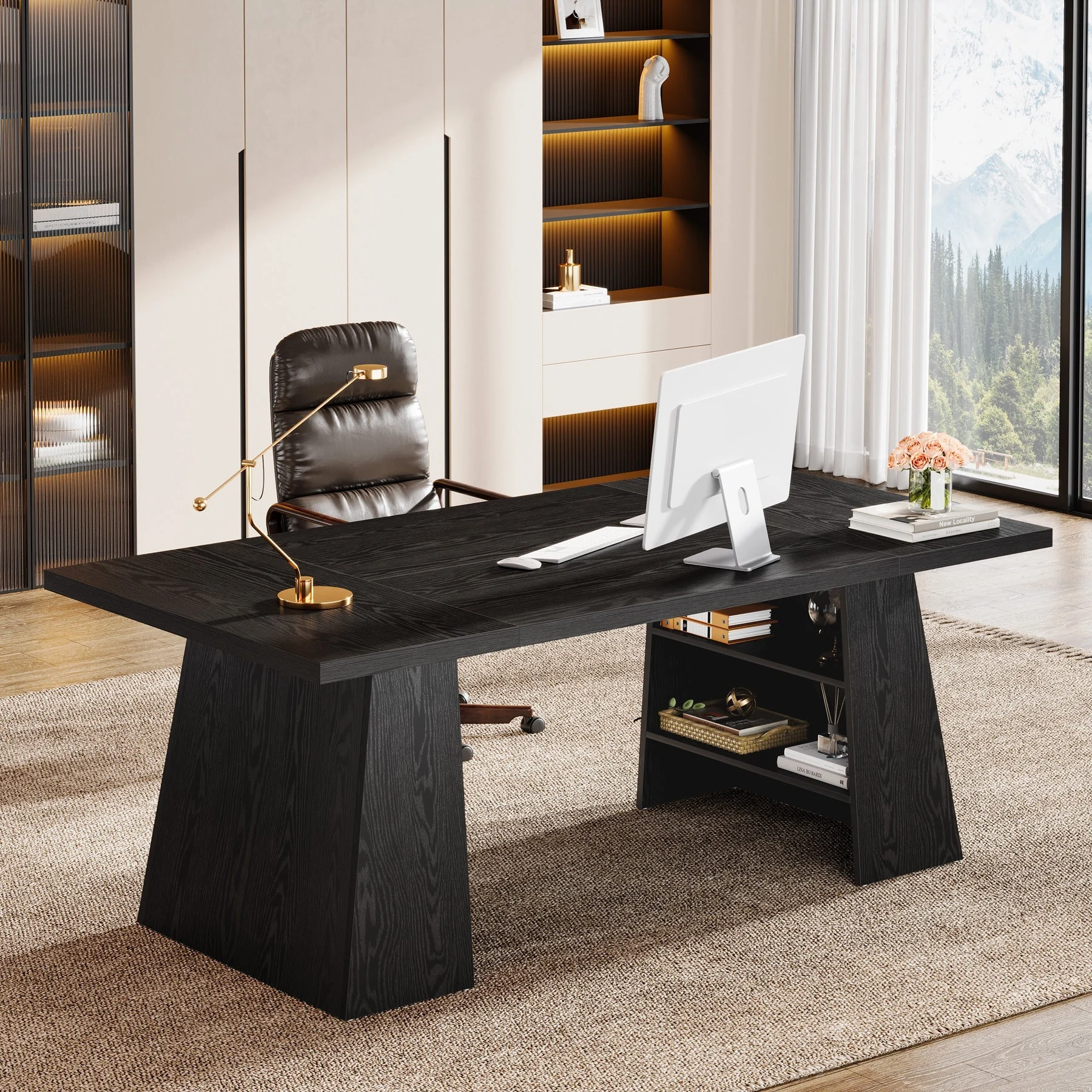 63" Executive Desk, Modern Computer Desk with Storage Shelves