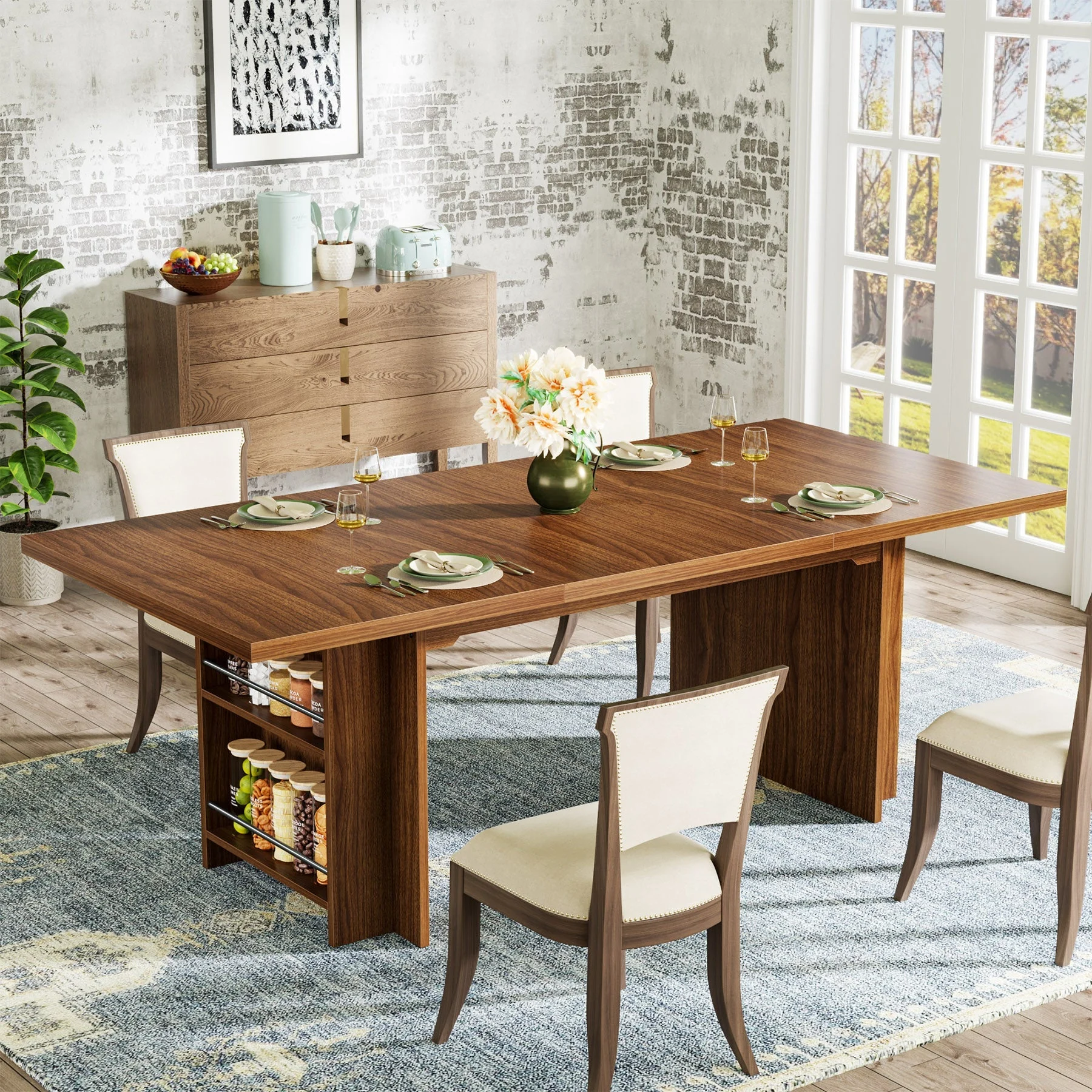63" Farmhouse Dining Table Wooden Kitchen Table with Shelves for 6 to 8