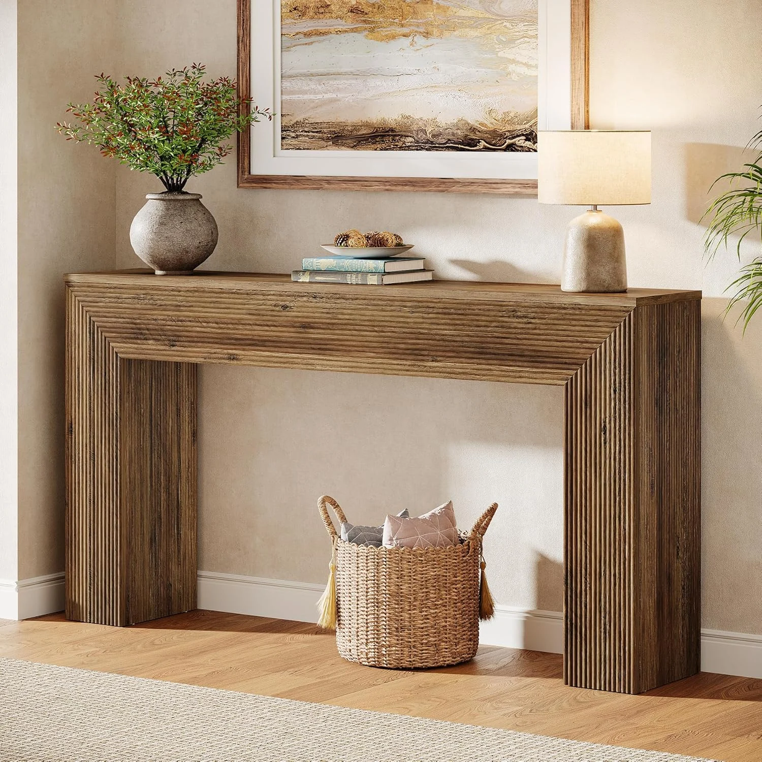 63" Fluted Console Table, Rustic Entryway Table Sofa Table Behind Couch