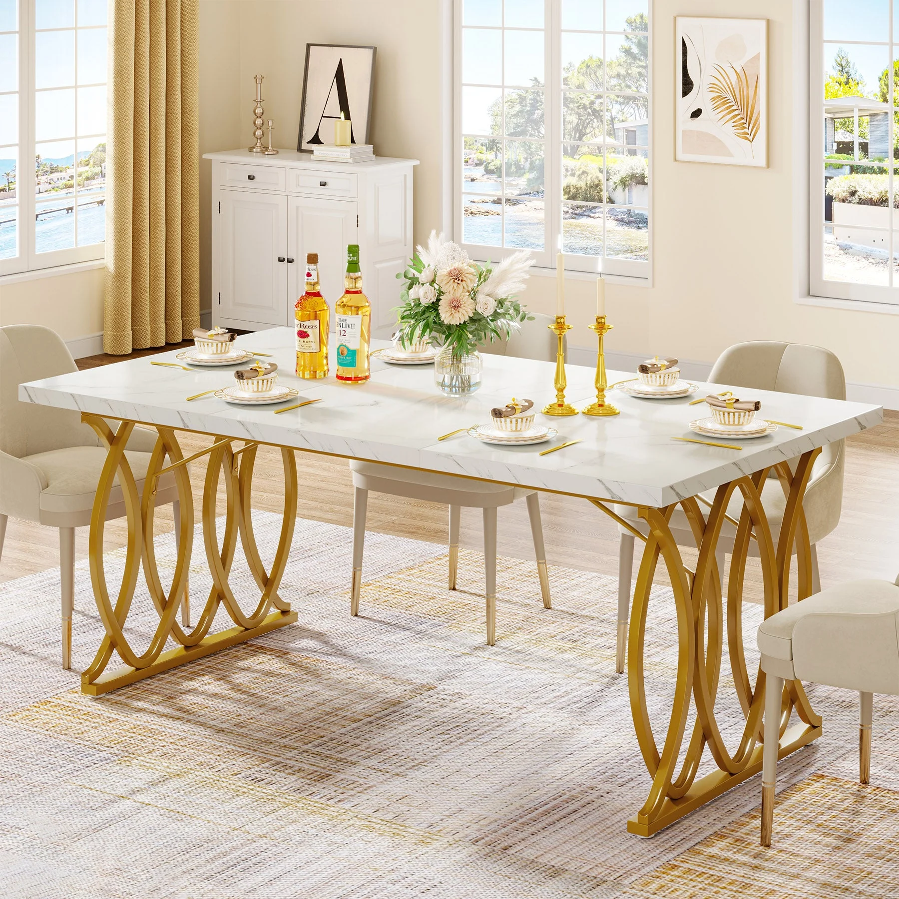 63" Modern Dining Table with Faux Marble Tabletop for 4-6 People