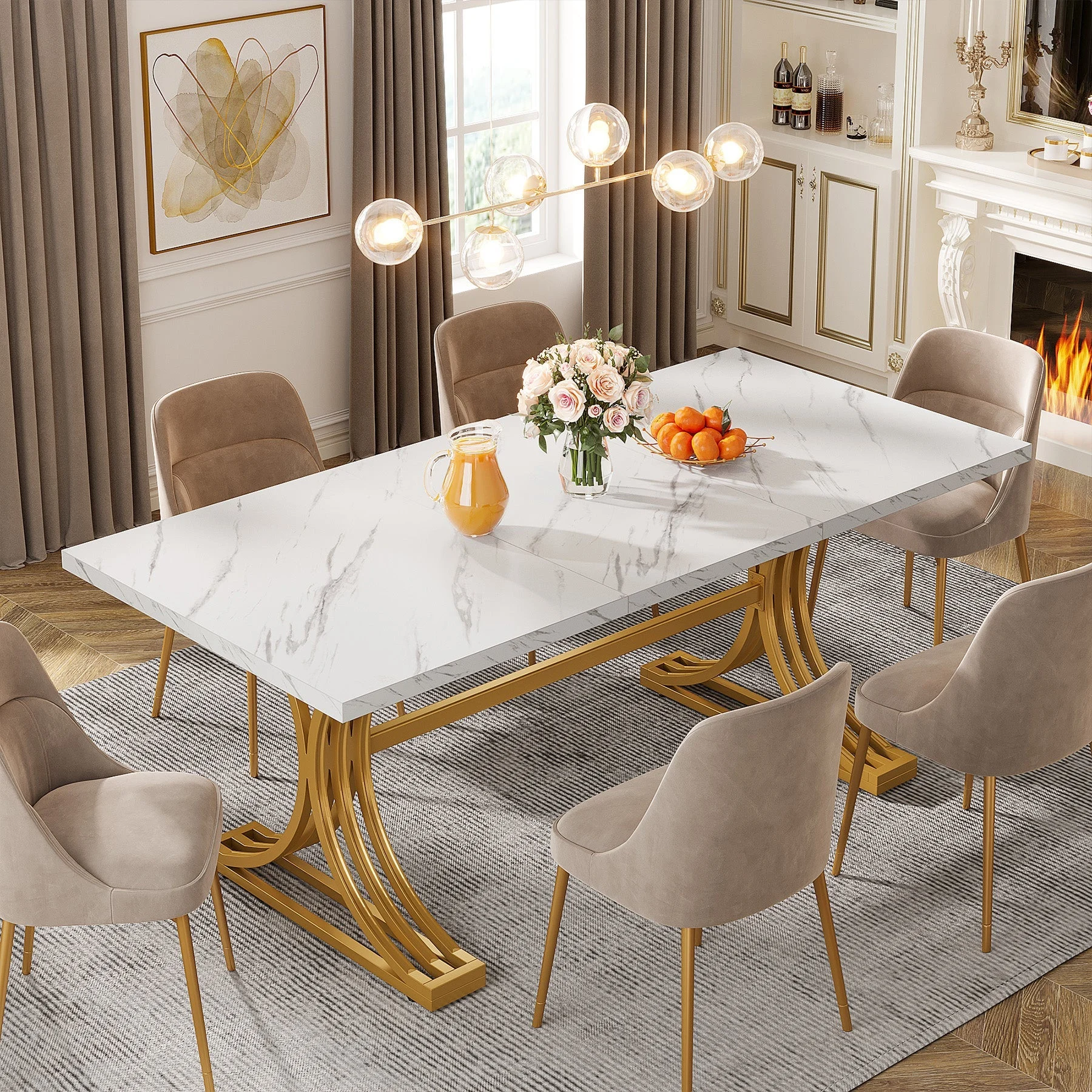 63" Modern Dining Table with Faux Marble Tabletop & Metal Legs