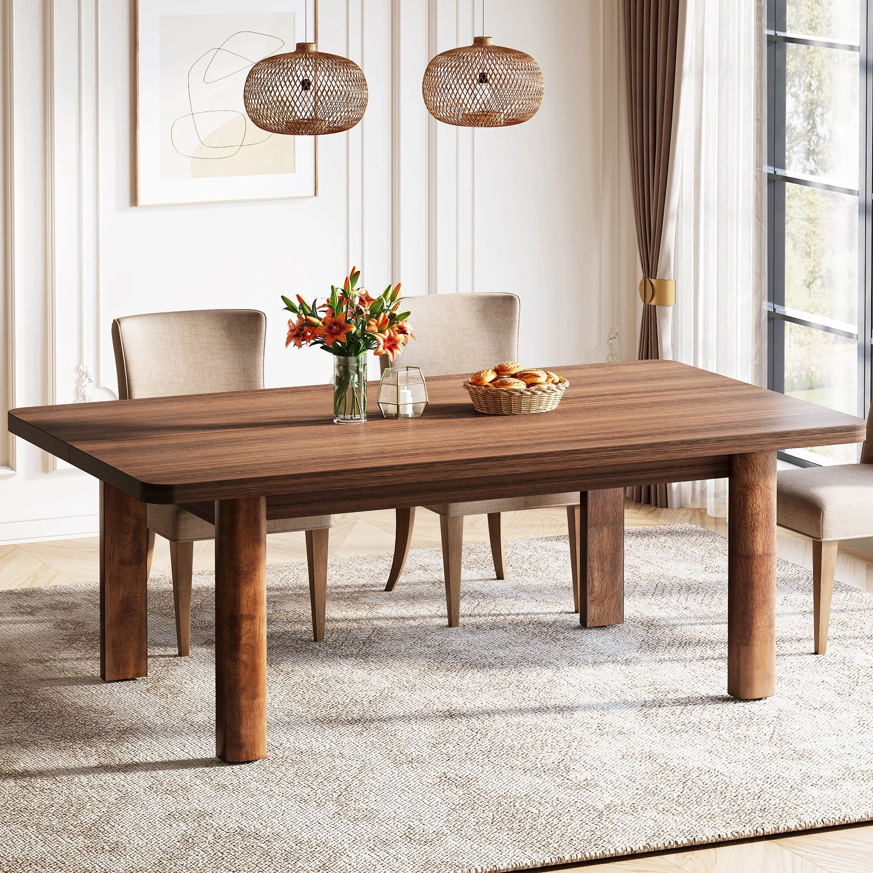 63" Rectangle Dining Table for 4-6, Farmhouse Kitchen Table with Solid Wood Legs