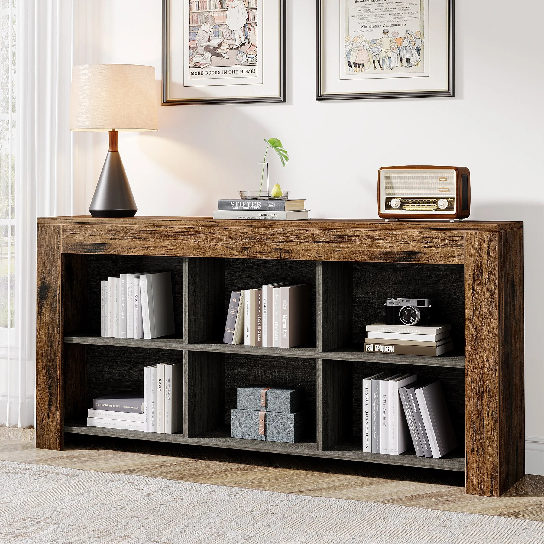 63" Wood Bookshelf, Horizontal Bookcase Storage Display Shelf