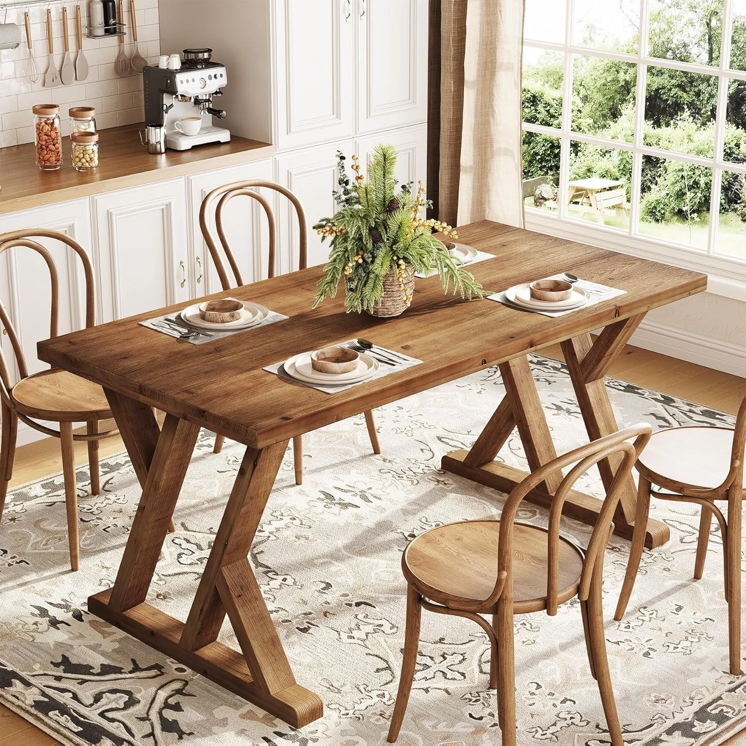 63" Wood Dining Table, Farmhouse Kitchen Dinner Table for 4-6 People