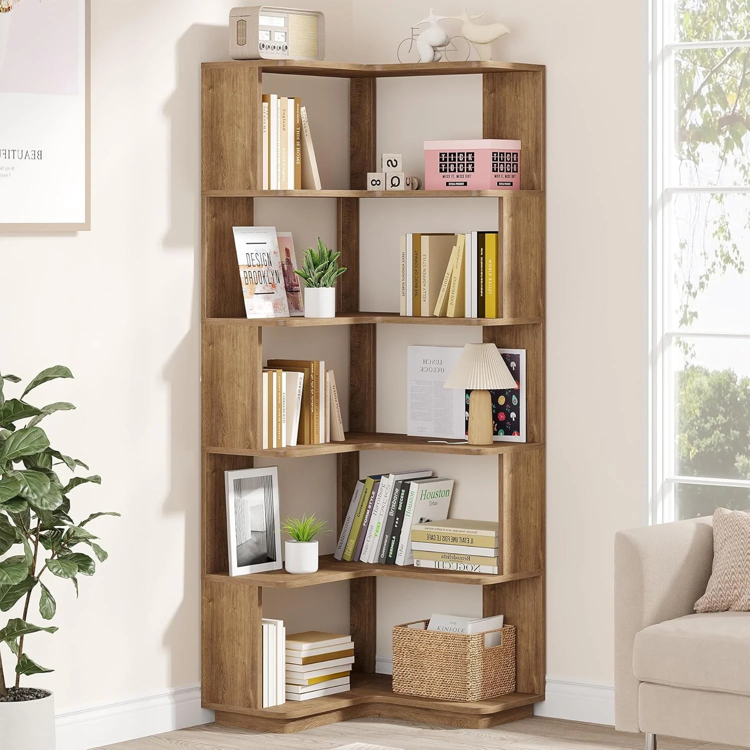 65" Tall L-Shaped Bookshelf, 6-Tier Corner Bookcase Display Rack with Anti-Drop Panel