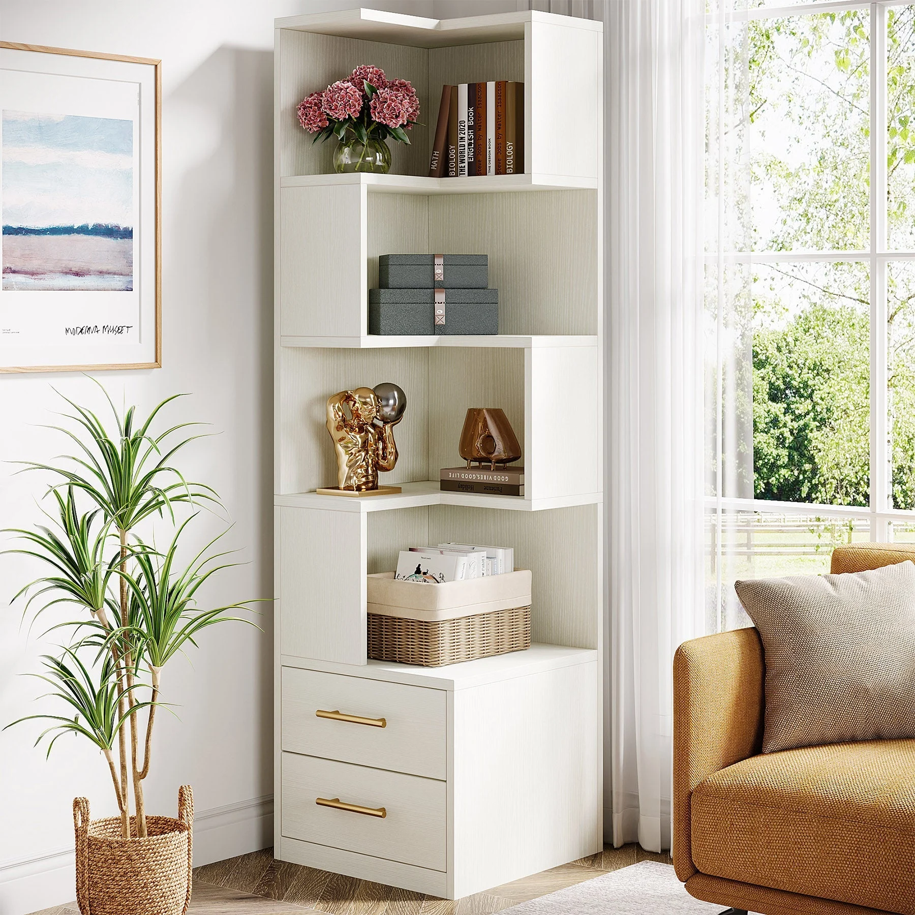 66.9" L-Shaped Bookshelf, Corner Bookcase With 5-Tier Shelf And 2 Drawers