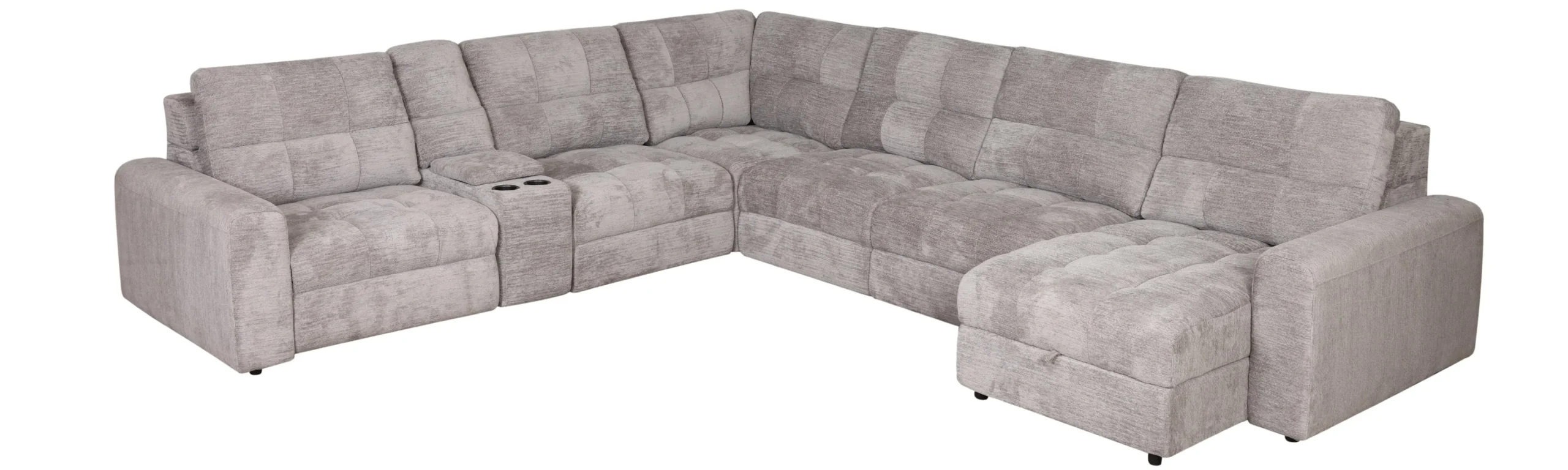 7-Pc Power Chaise Sleeper Sectional - RAF Chaise w/Storage, 2 Armless Power Slide Chaises, Console, Square Corner Wedge, Armless Chair & LAF Power Chaise