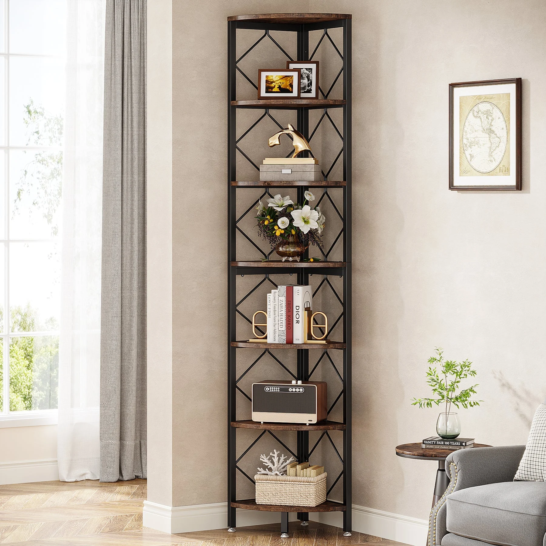 7-Tier Corner Shelf, 78.7" Corner Bookcase Slim Corner Storage Rack