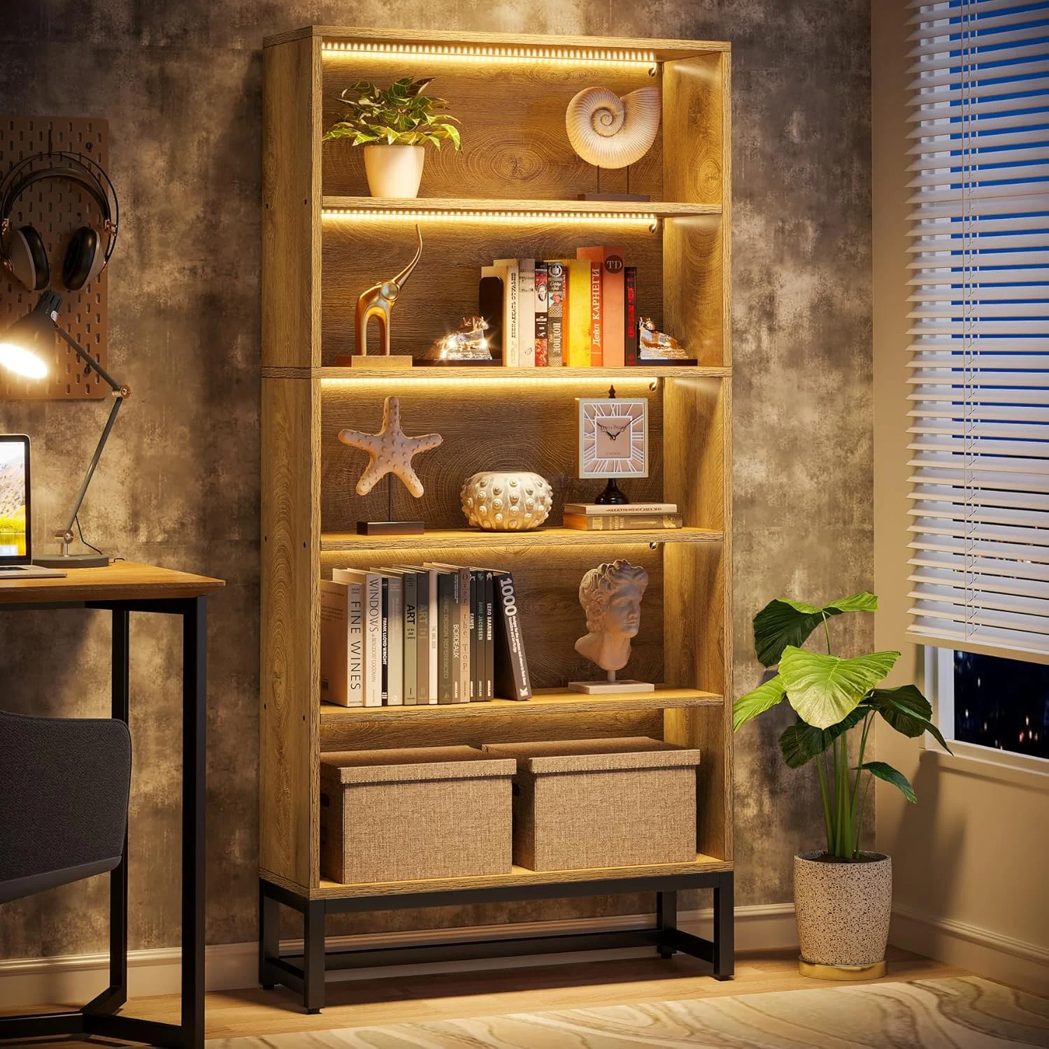 70.4" Bookshelf, FreeStanding Bookcases Display Organizer with LED Light