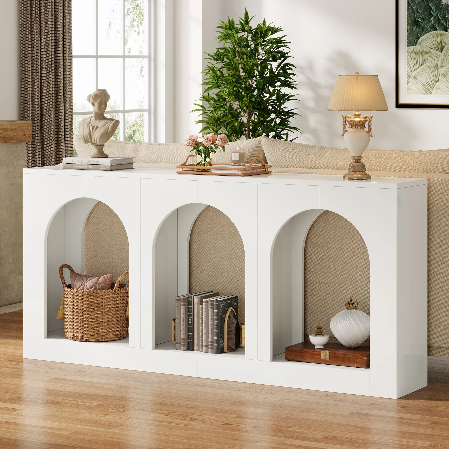 70.8" Arched Entryway Table, Wood Console Table with 3 Arched Shelves