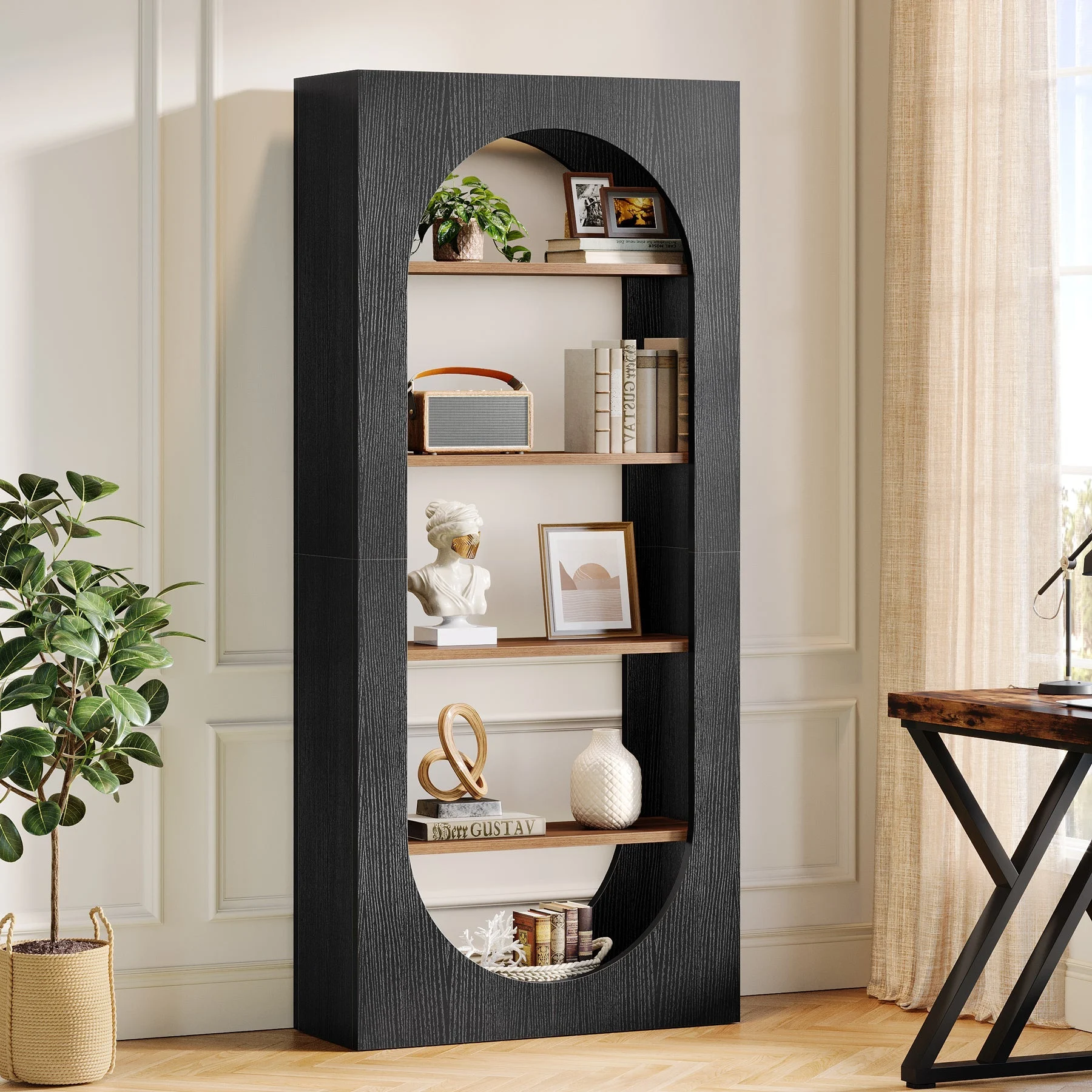70.8" Bookcase, 5-Tier Arched Bookshelf Etagere Storage Organizer