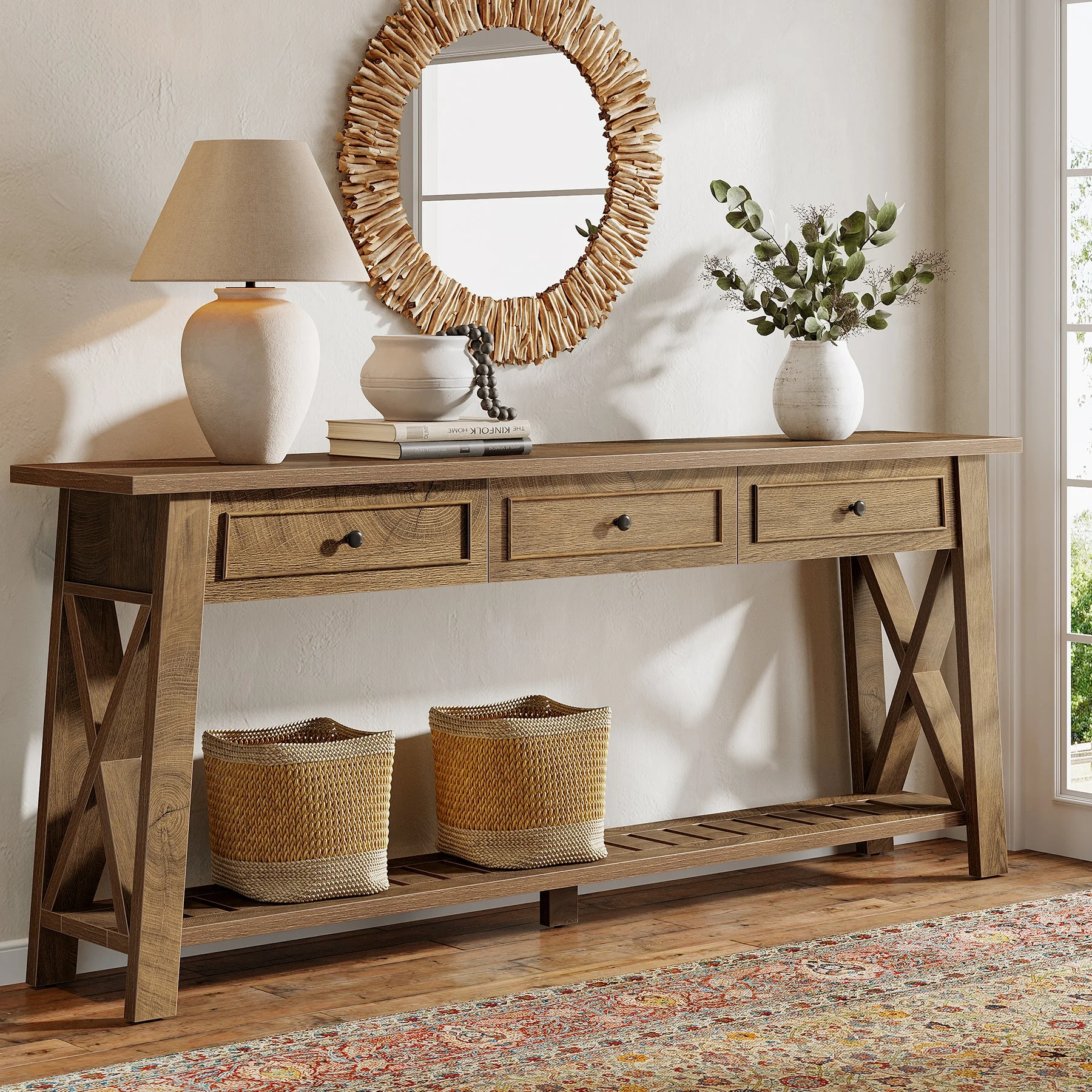 70.8" Console Table, Long Sofa Table Behind Couch with 3 Storage Drawers