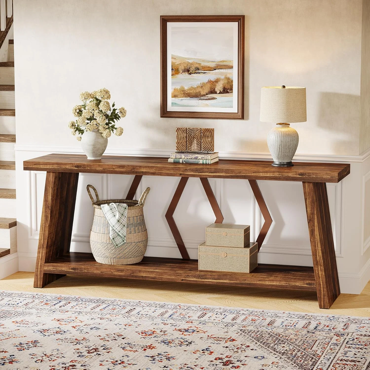 70.86" Extra Long Console Table, 2-Tier Wooden Sofa Table with Storage