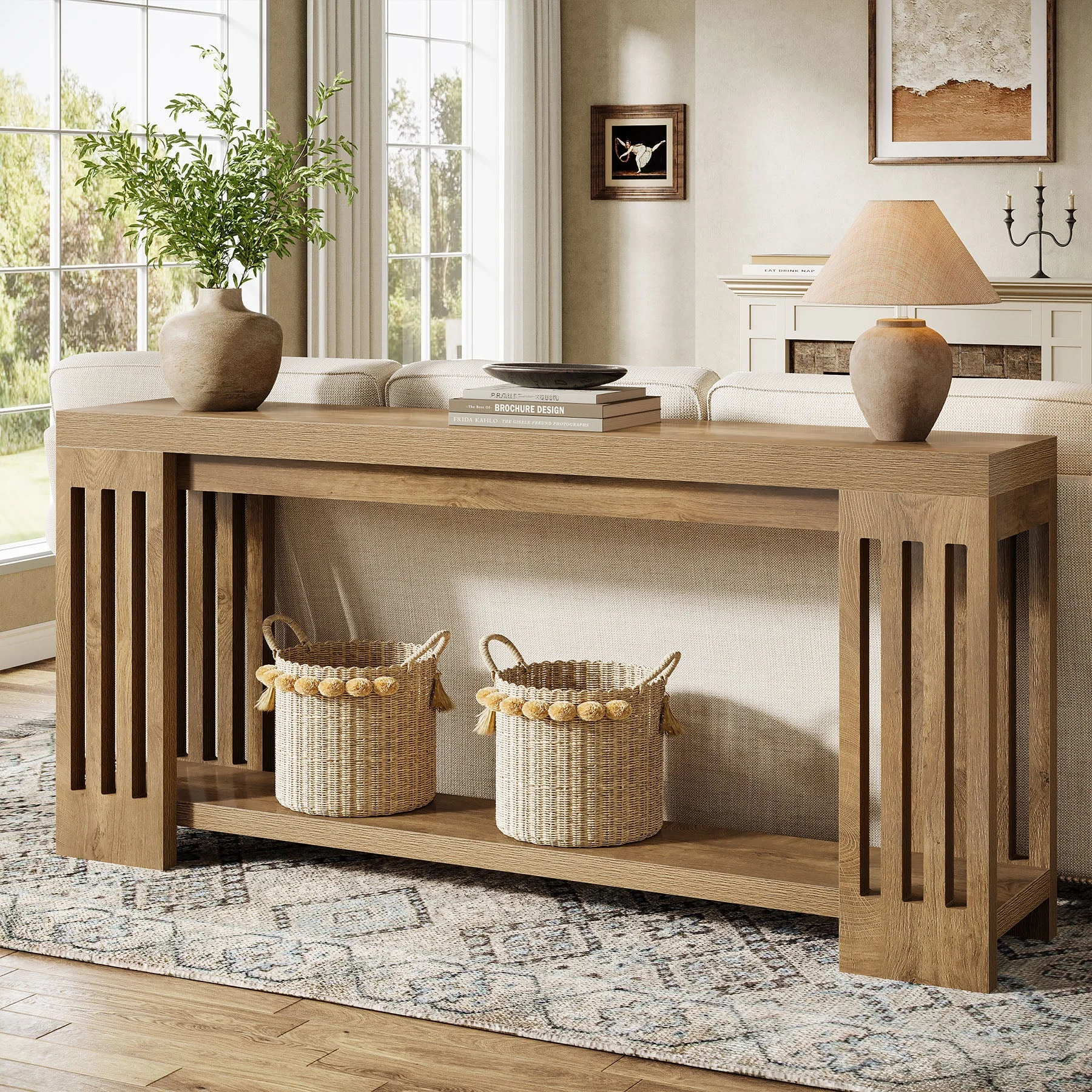 70.9" Console Table, Farmhouse 2-Tier Sofa Table with Vertical Stripe Legs
