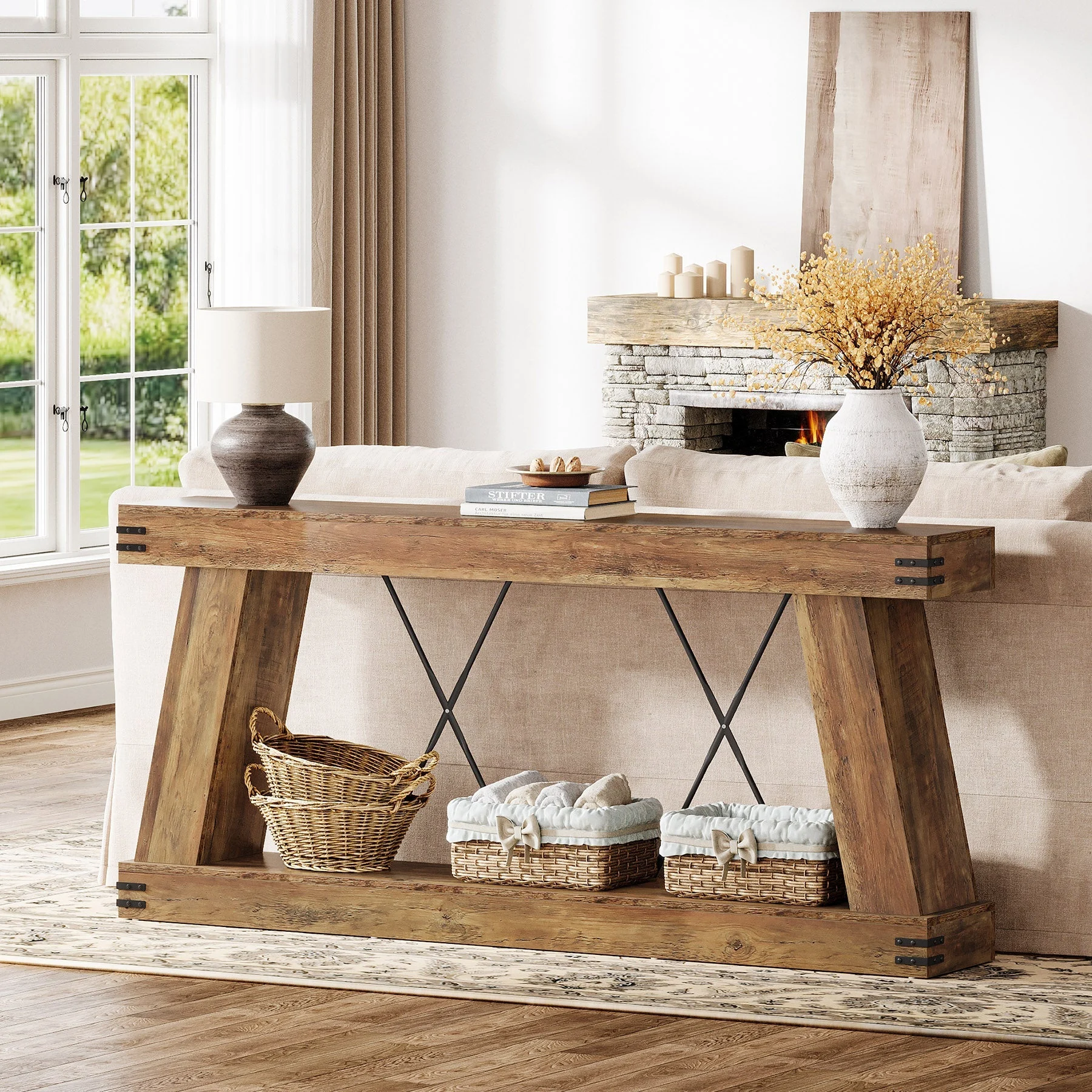 70.9" Console Table, Farmhouse Sofa Entryway Table with Sturdy Base