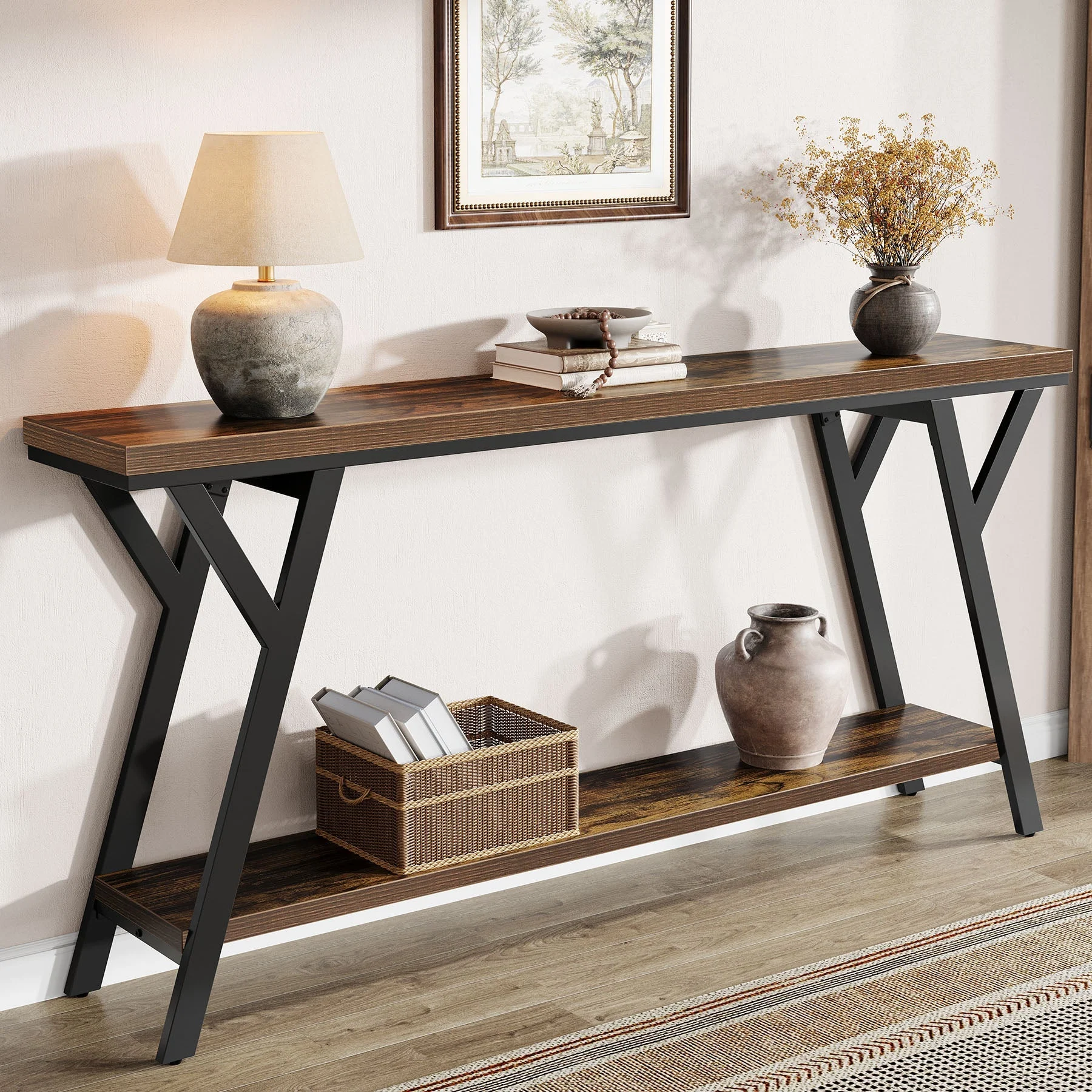 70.9" Console Table, Industrial Sofa Table Behind Couch with 2-Tier Storage Shelf