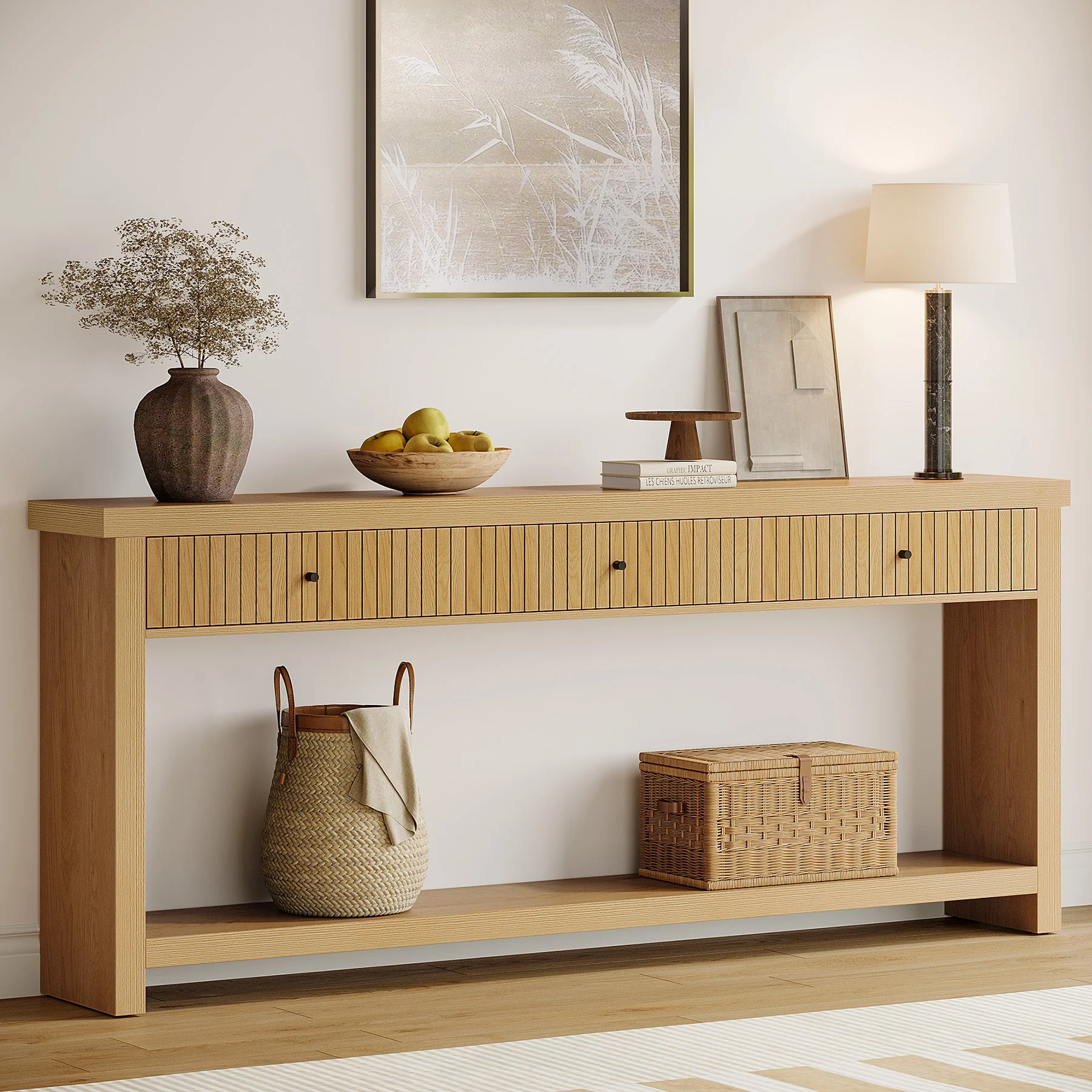 70.9" Console Table, Long Wooden Sofa Table with 3 Drawers