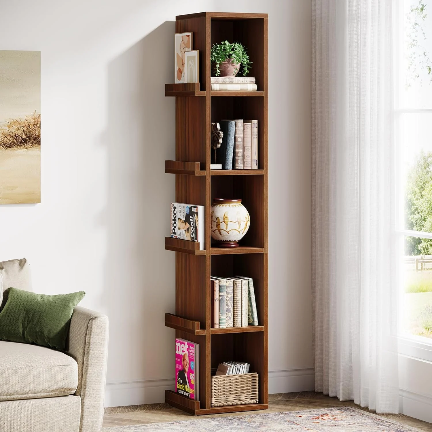 70.9" Narrow Bookcase, 5-Tier Slim Cube Bookshelf with Side Storage