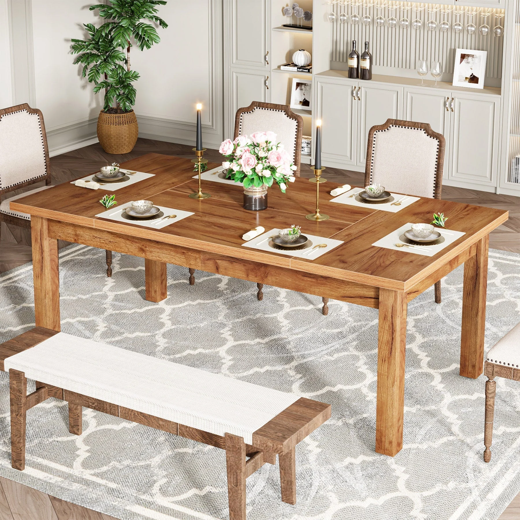 70.9" Wood Dining Table for 6-8 People, Farmhouse Breakfast Table