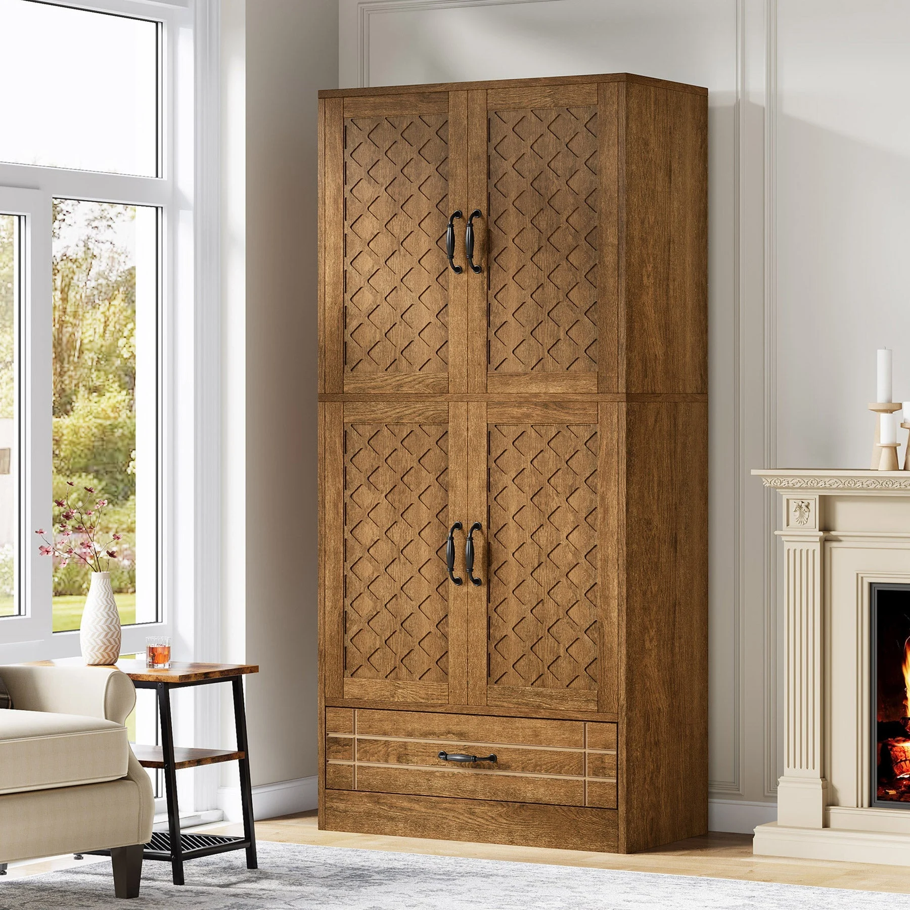 70" Bookshelf with Door, Freestanding Bookcase Cabinet with Storage Drawer