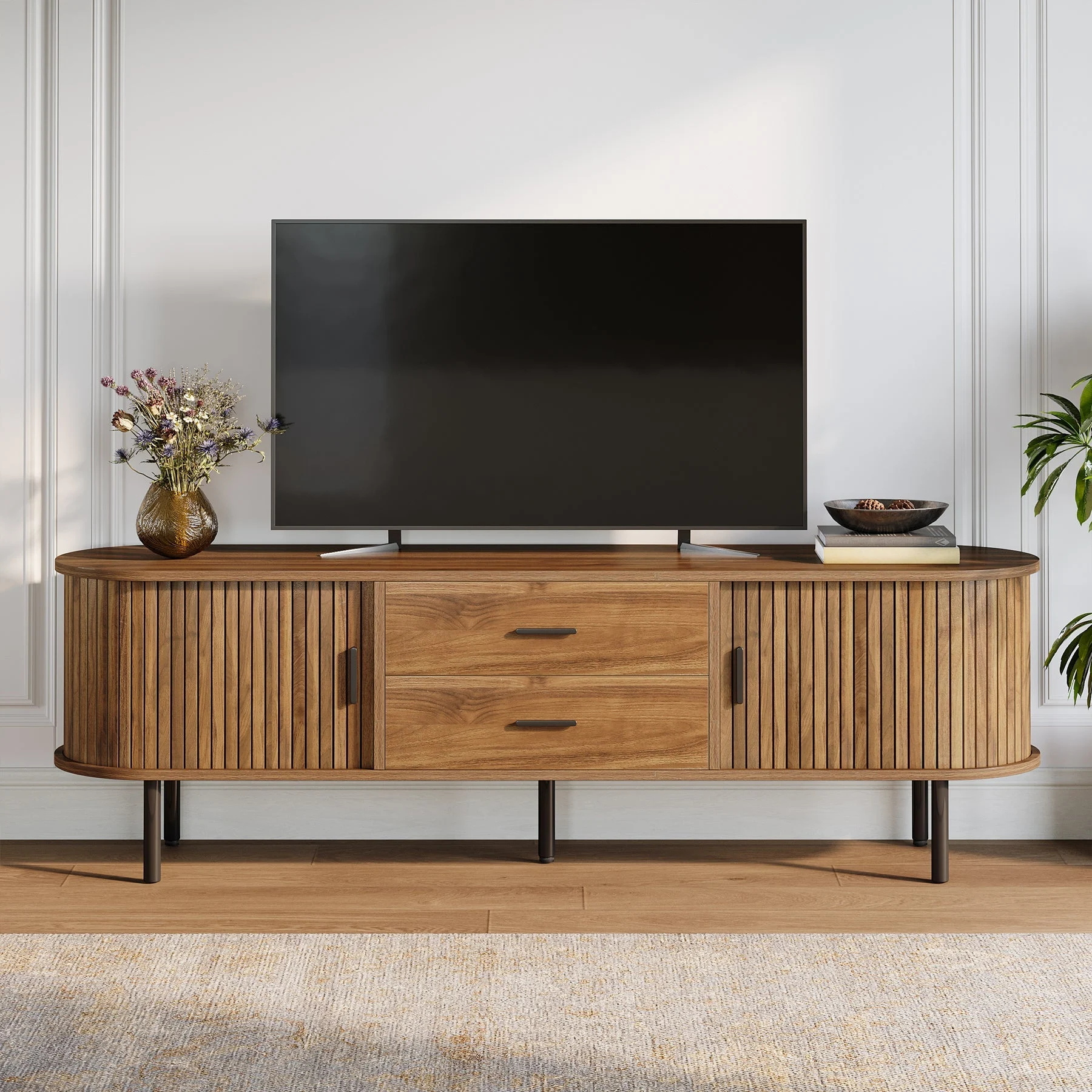 70" TV Stand, Modern Media Console with Storage and Sliding Tambour Door