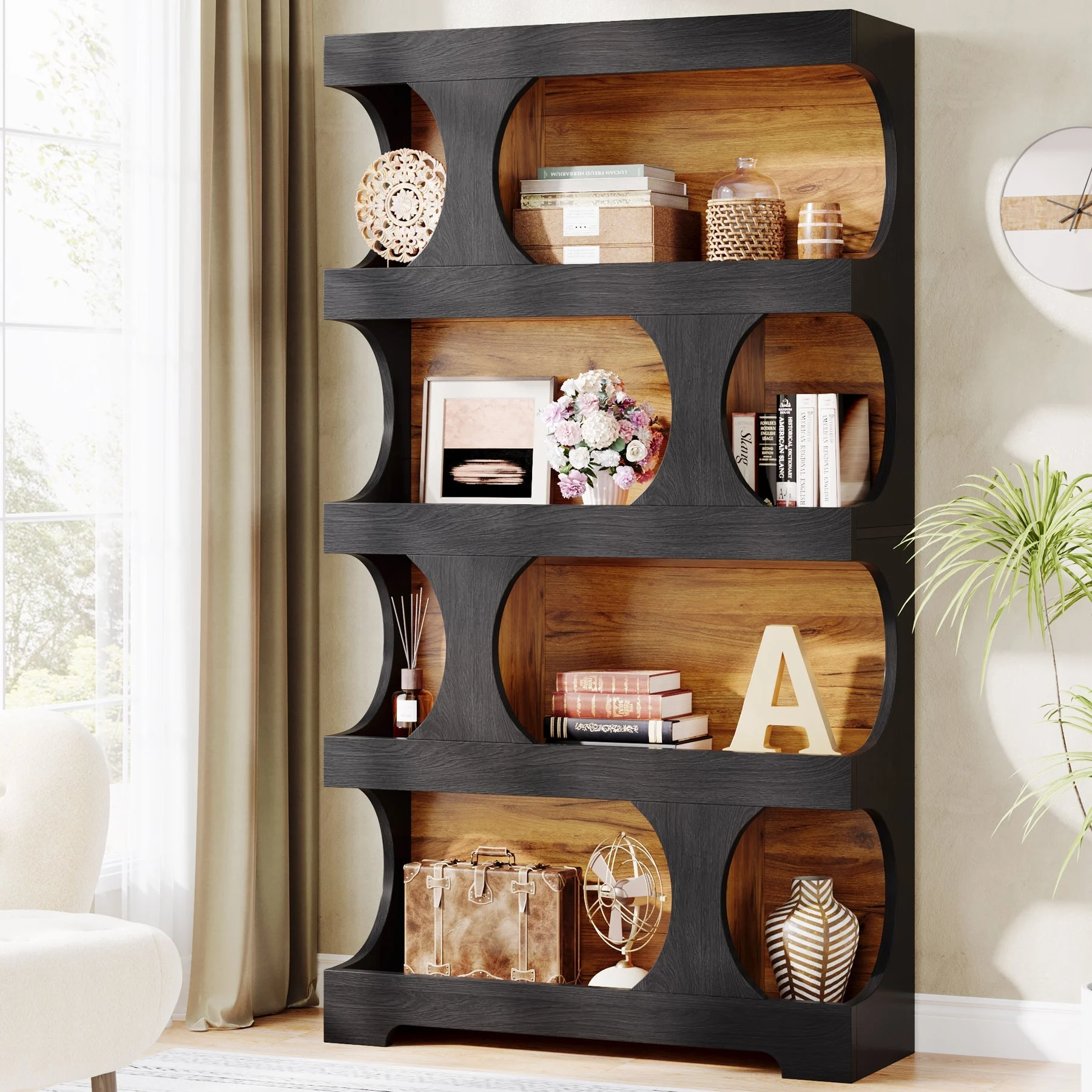 71" Bookshelf, 4-Tier S-Shaped Bookcase Freestanding Display Shelves