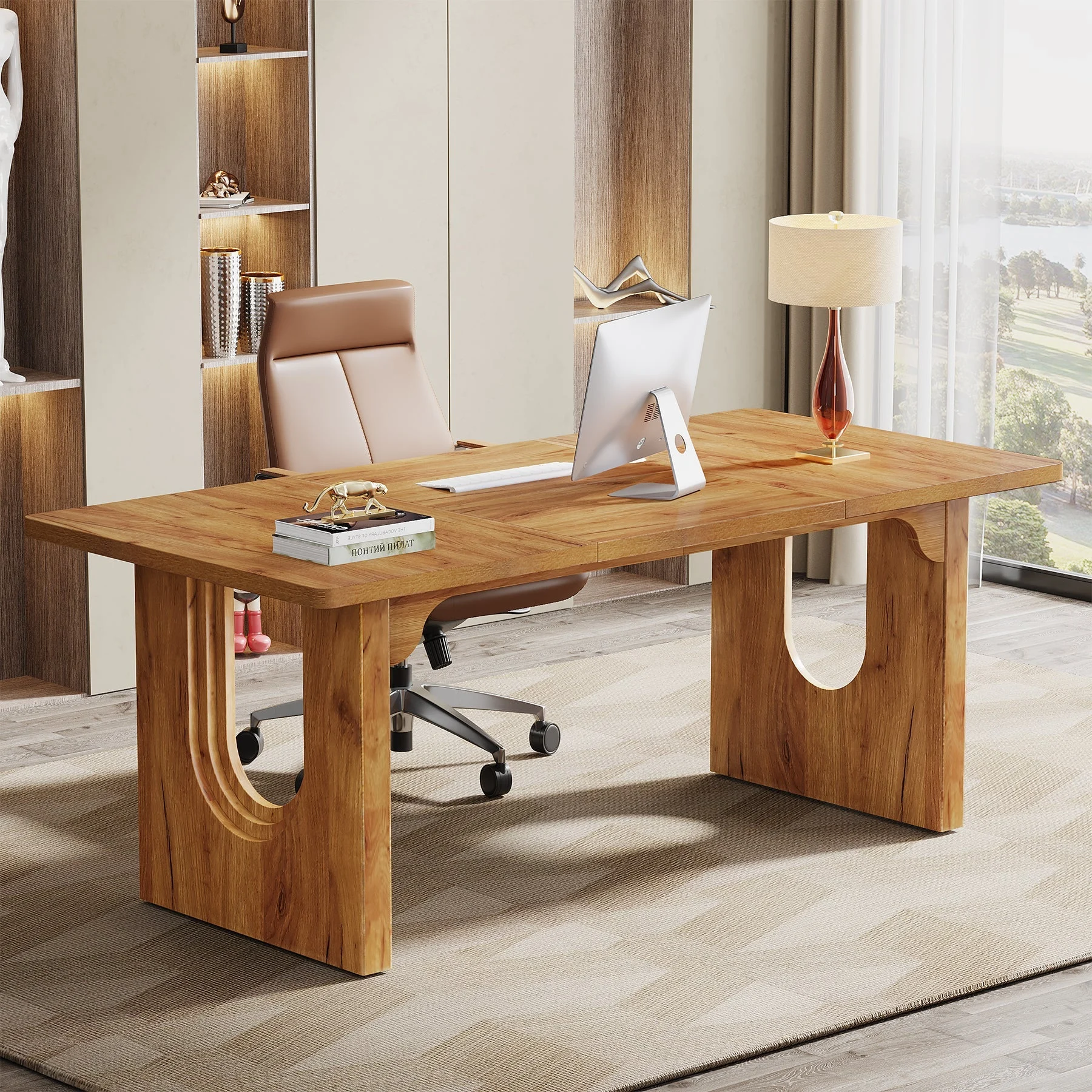71" Executive Desk, Modern Executive Office Table with Wood Double Pedestal Base