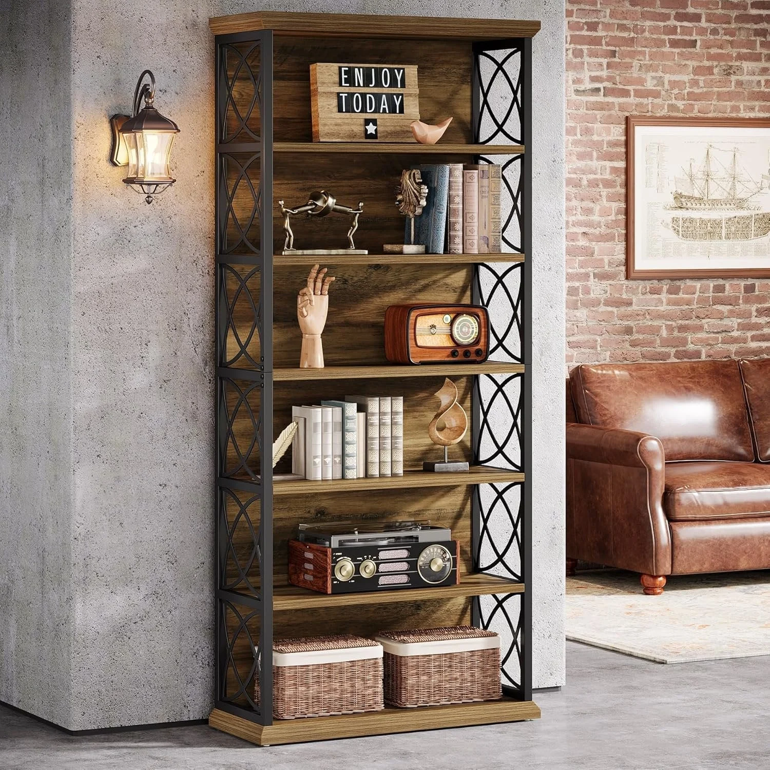 72" Tall Bookshelf, 6-Tier Industrial Etagere Bookcase with Open Storage Shelves