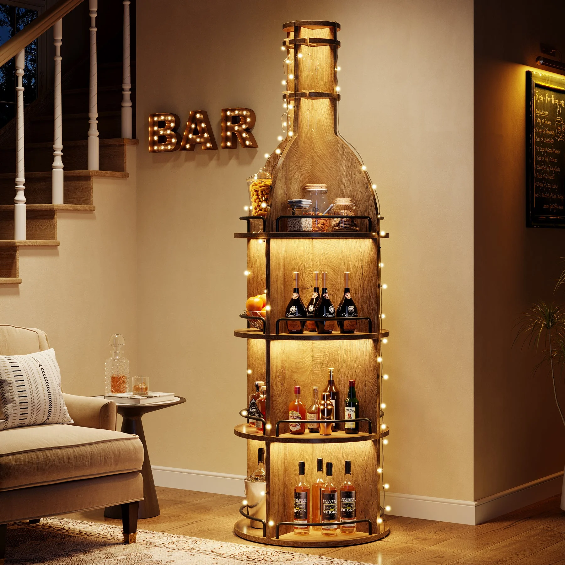 75" Wine Rack with Shelves, Round Wine Cabinet with Hanging Goblet Holder (No Lights)