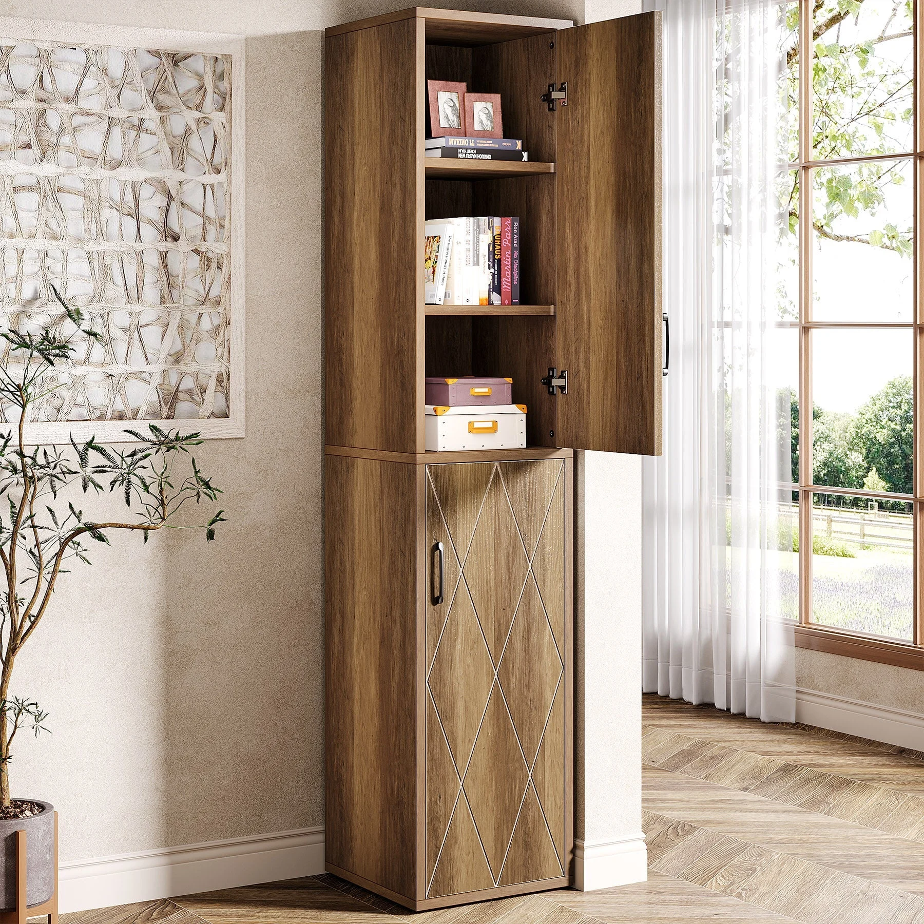 75" Wood Storage Cabinet, Free-Standing Cube Cabinet with 6 Shelves