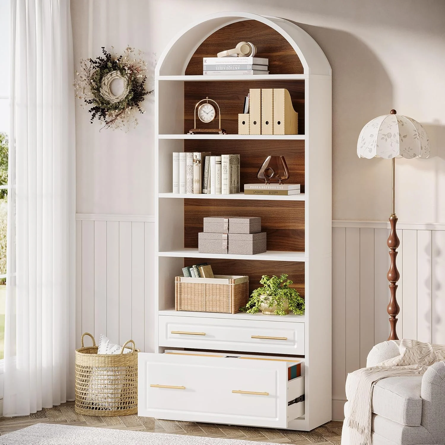76.8" Arched Bookcase, 5-Tier Modern Bookshelf Display Shelf with File Cabinet Drawer