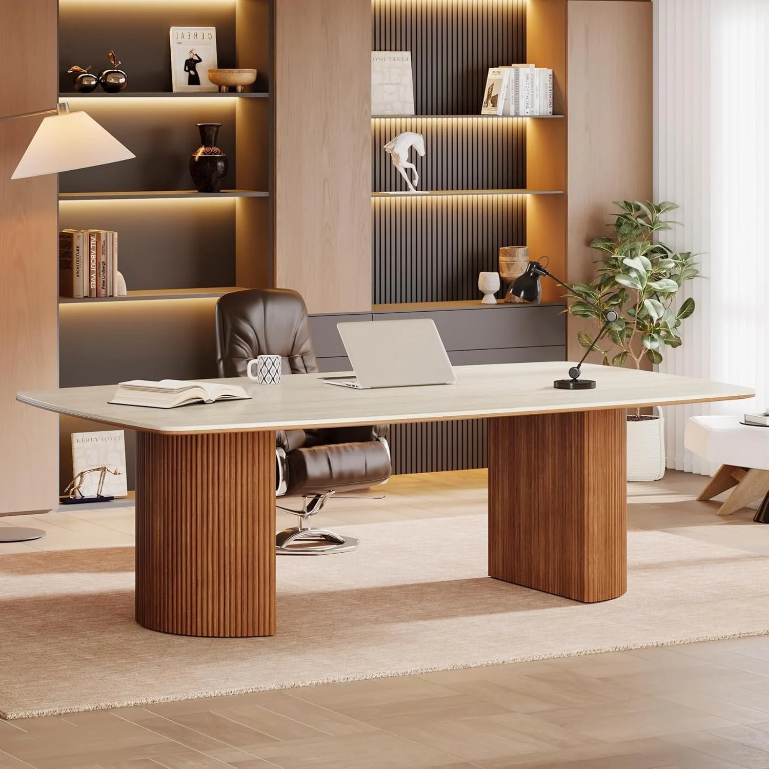 78.7" Executive Desk, Travertine Slab Computer Desk With Semi-Circular Base