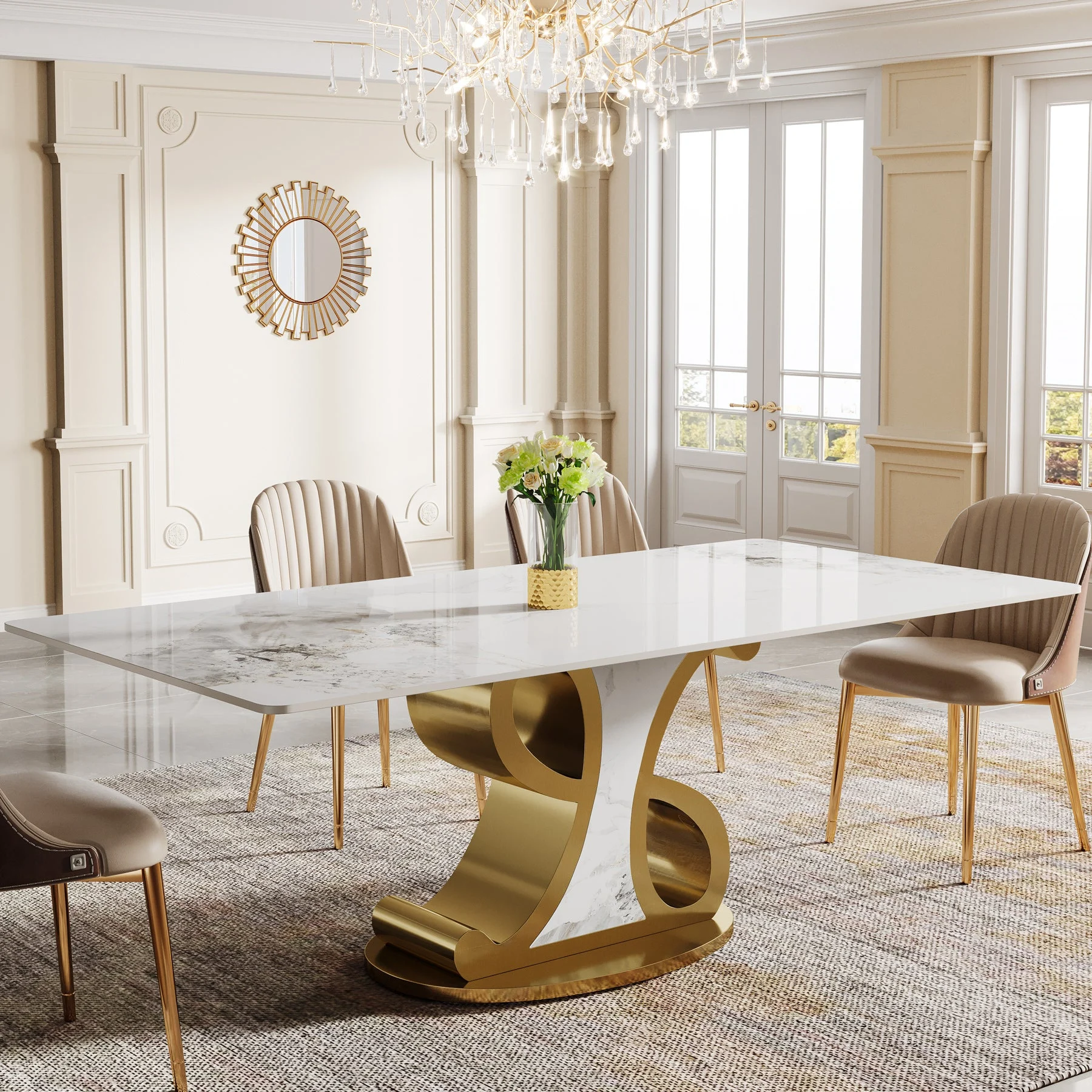 78.7" Sintered Stone Dining Table, Luxury Kitchen Table with Stainless Steel Base for 8-10