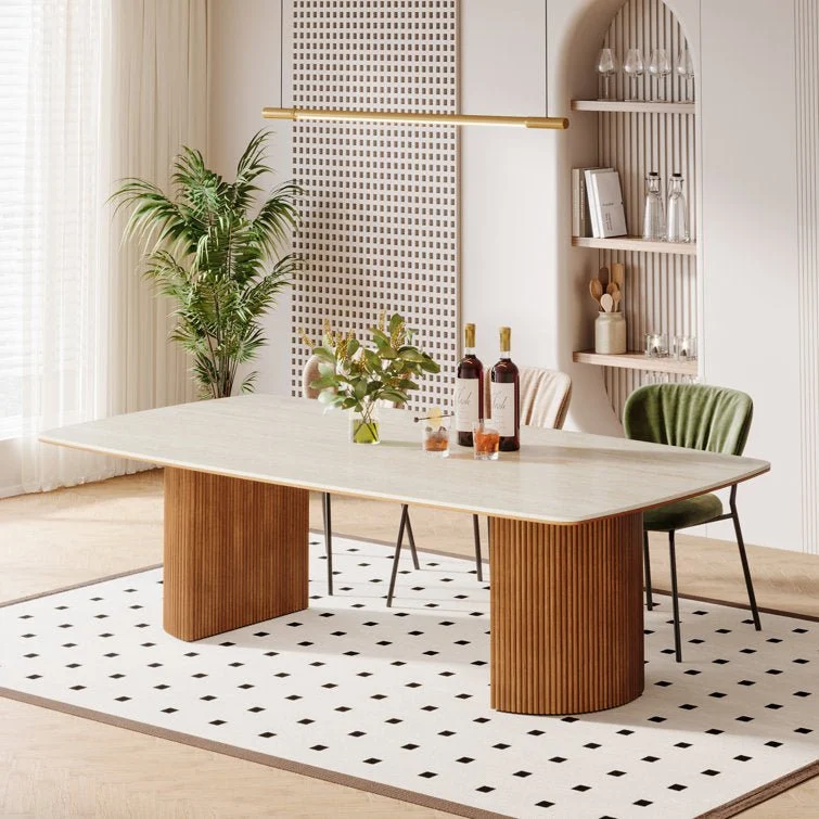 78.7" Travertine Slab Dining Table, Kitchen Table With Semi-Circular Stripe Base