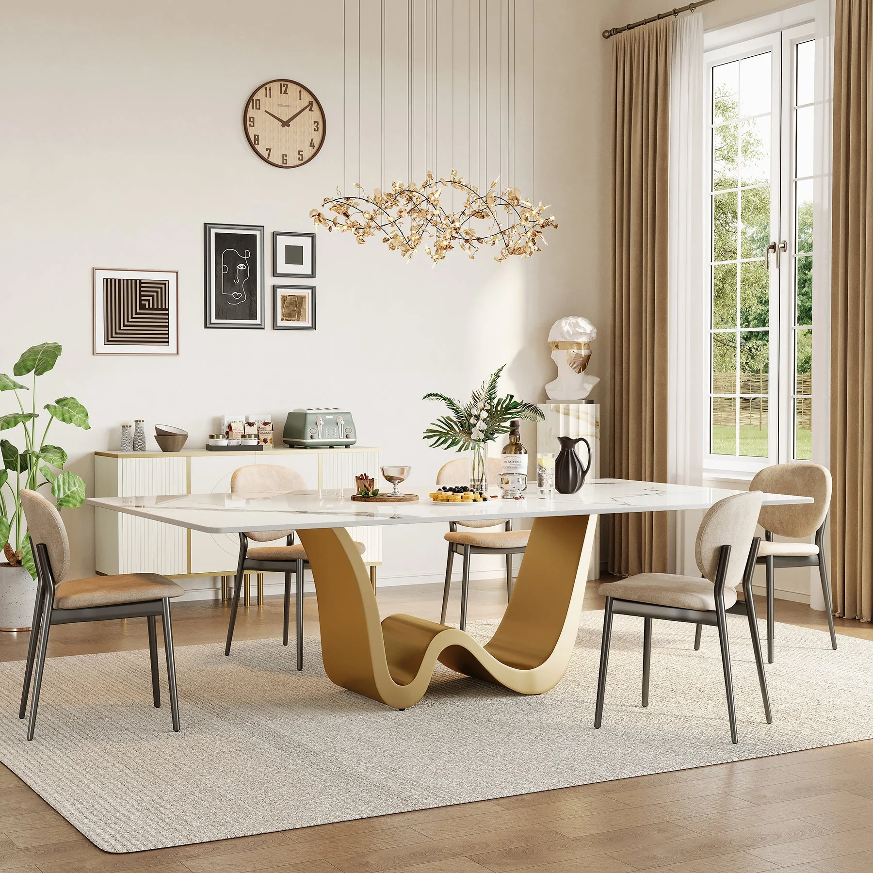 79" Rectangle Sintered Stone Dining Table for 8 Seaters, Stainless Steel Pedestal