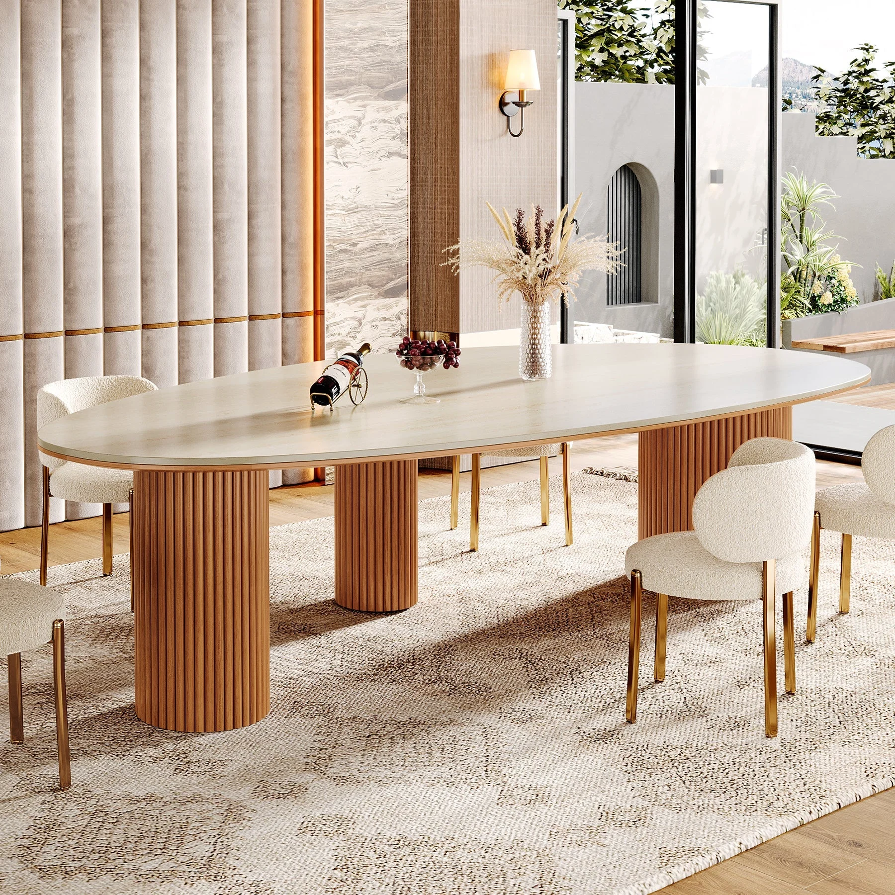 86" Dining Table, Oval -Shaped Stone Kitchen Dinner Table for 6 People