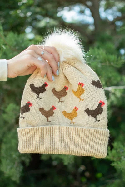 ADORABLE Chicken Knit Pom Pom Beanie Beige