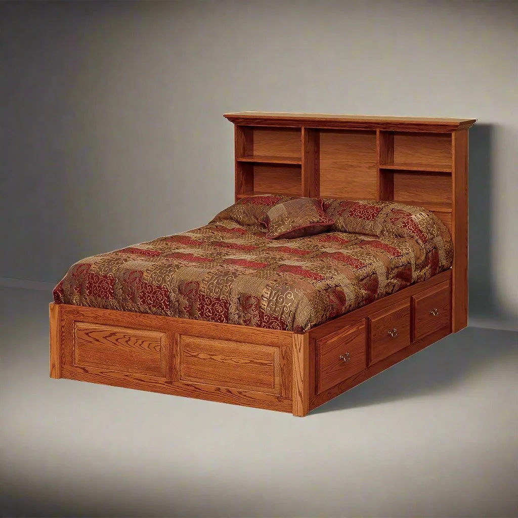 Amish Bookcase Headboard Raised Panel Platform Storage 6 Drawer Bed