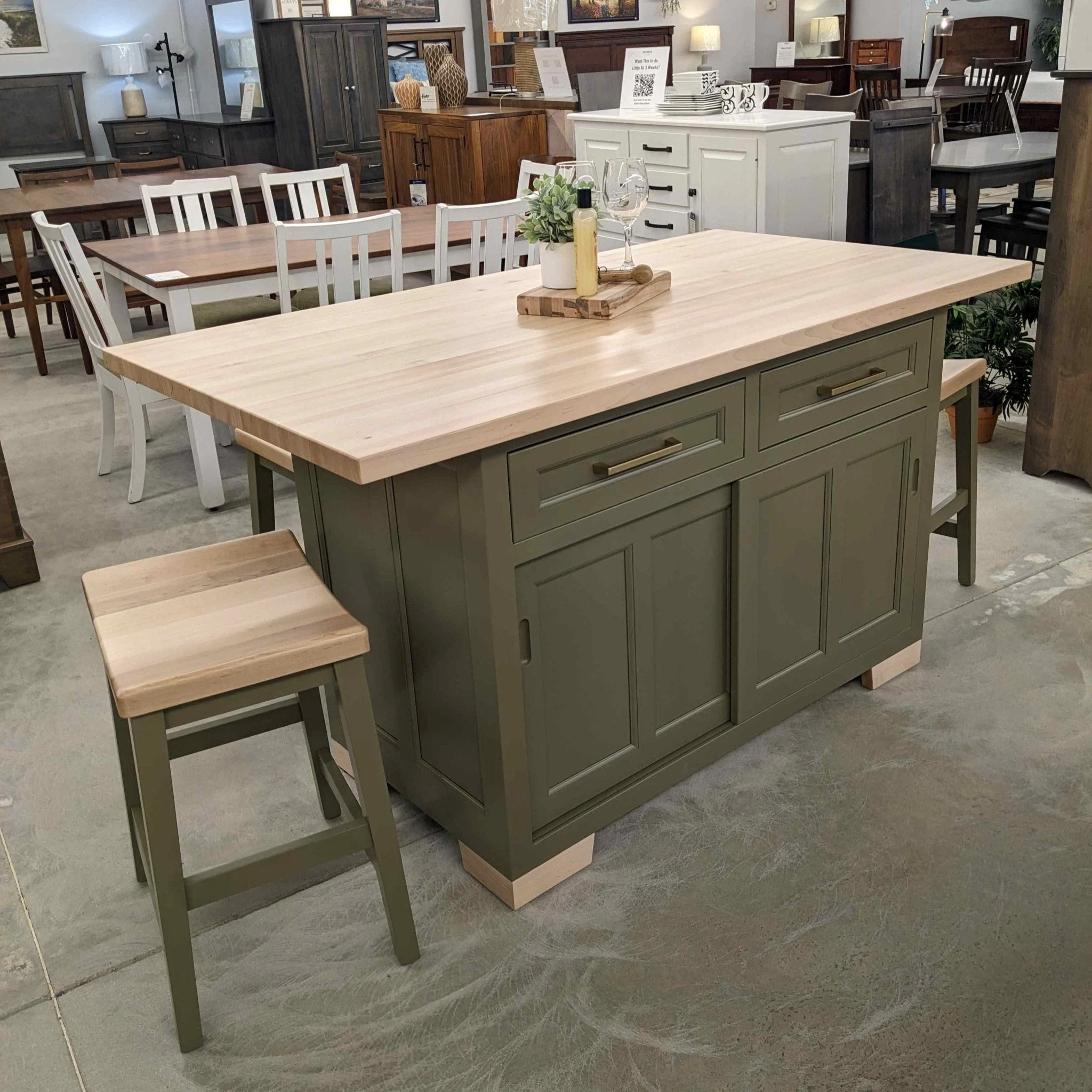 Amish Hudson Sliding Door Food Safe Oiled Butcher Block Kitchen Island