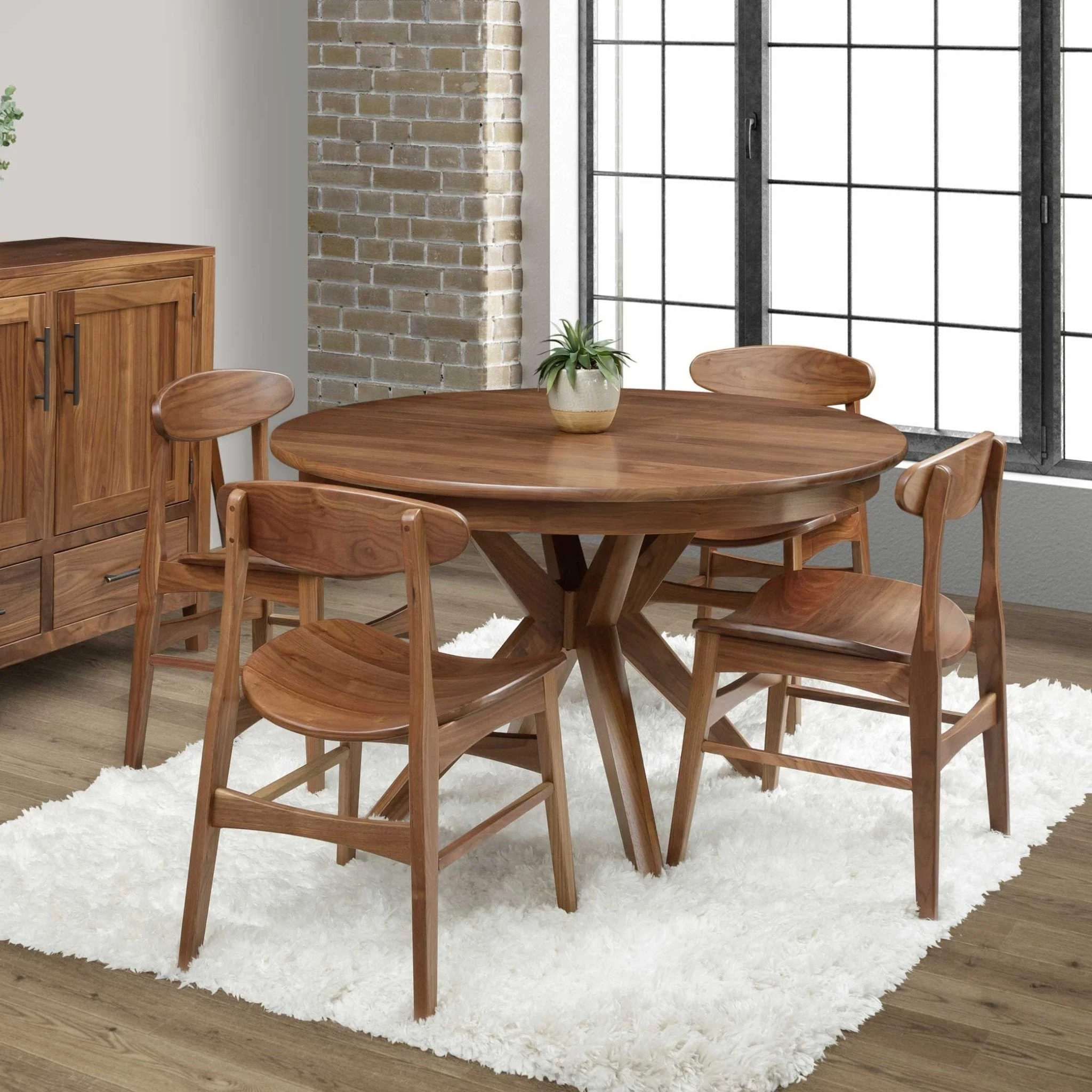 Amish Mid Century Modern Walnut Gamla Round Expandable Pedestal Dining Table