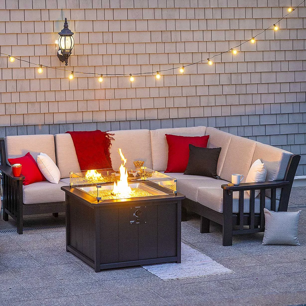 Amish Mission Poly Patio Cushion Sectional Sofa Set with Firepit