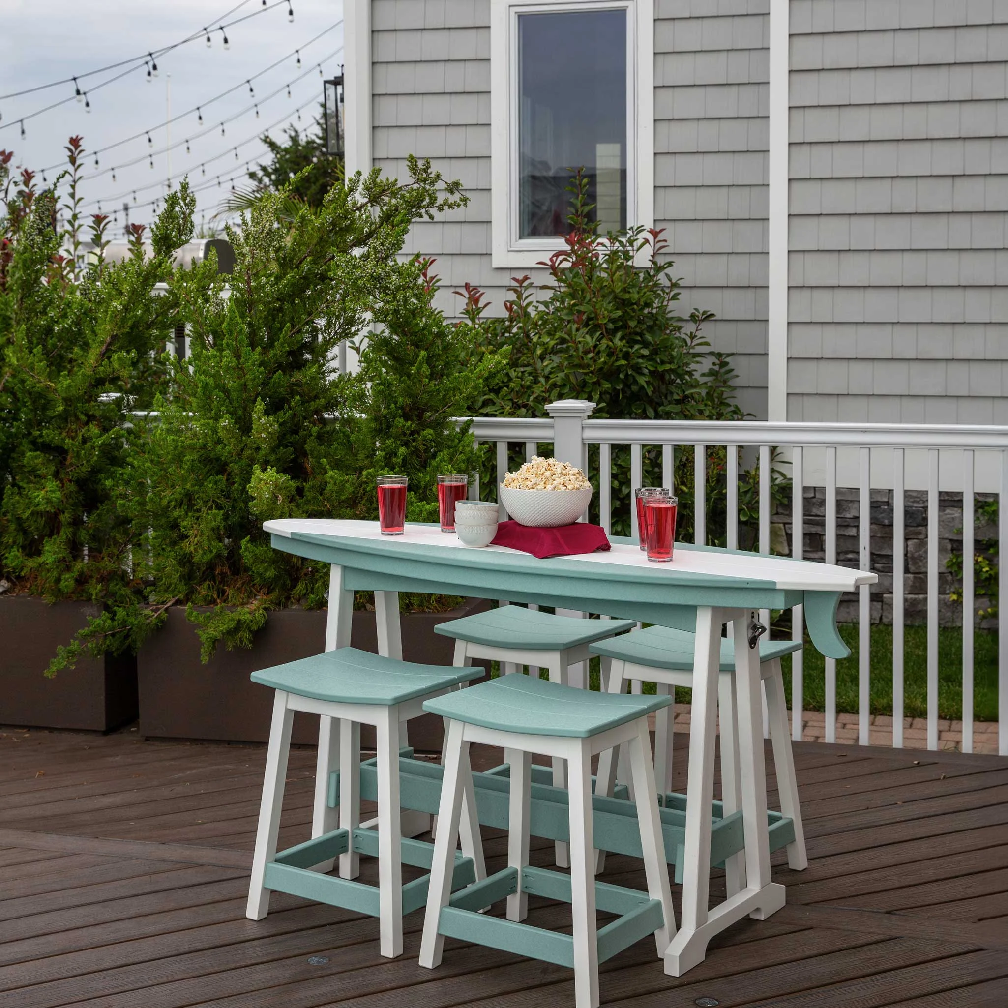 Amish Outdoor Poly 6' Surf Board Bar Table with 4 Saddle Stools Set