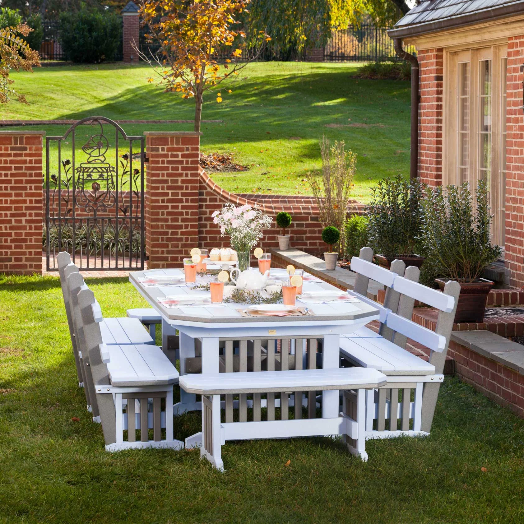 Amish Poly Rectangular Patio Mission 7pc Dining Table Set for 8