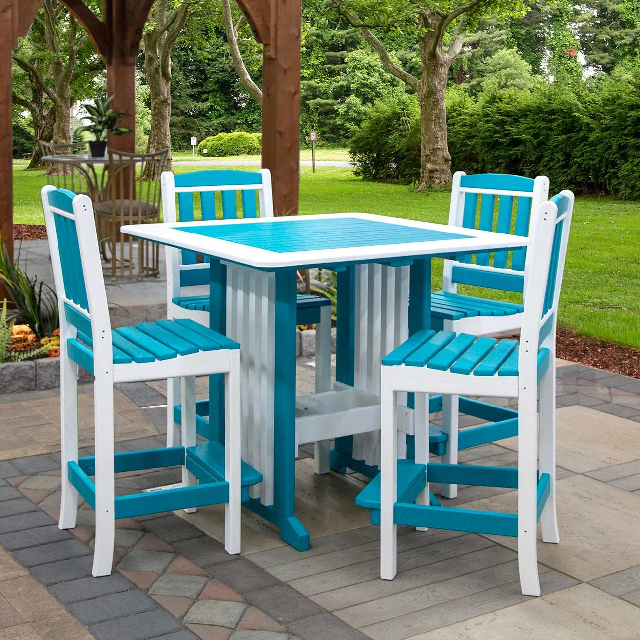 Amish Poly Resin 43" Square English Garden Patio Bar Table & Side Chair Set